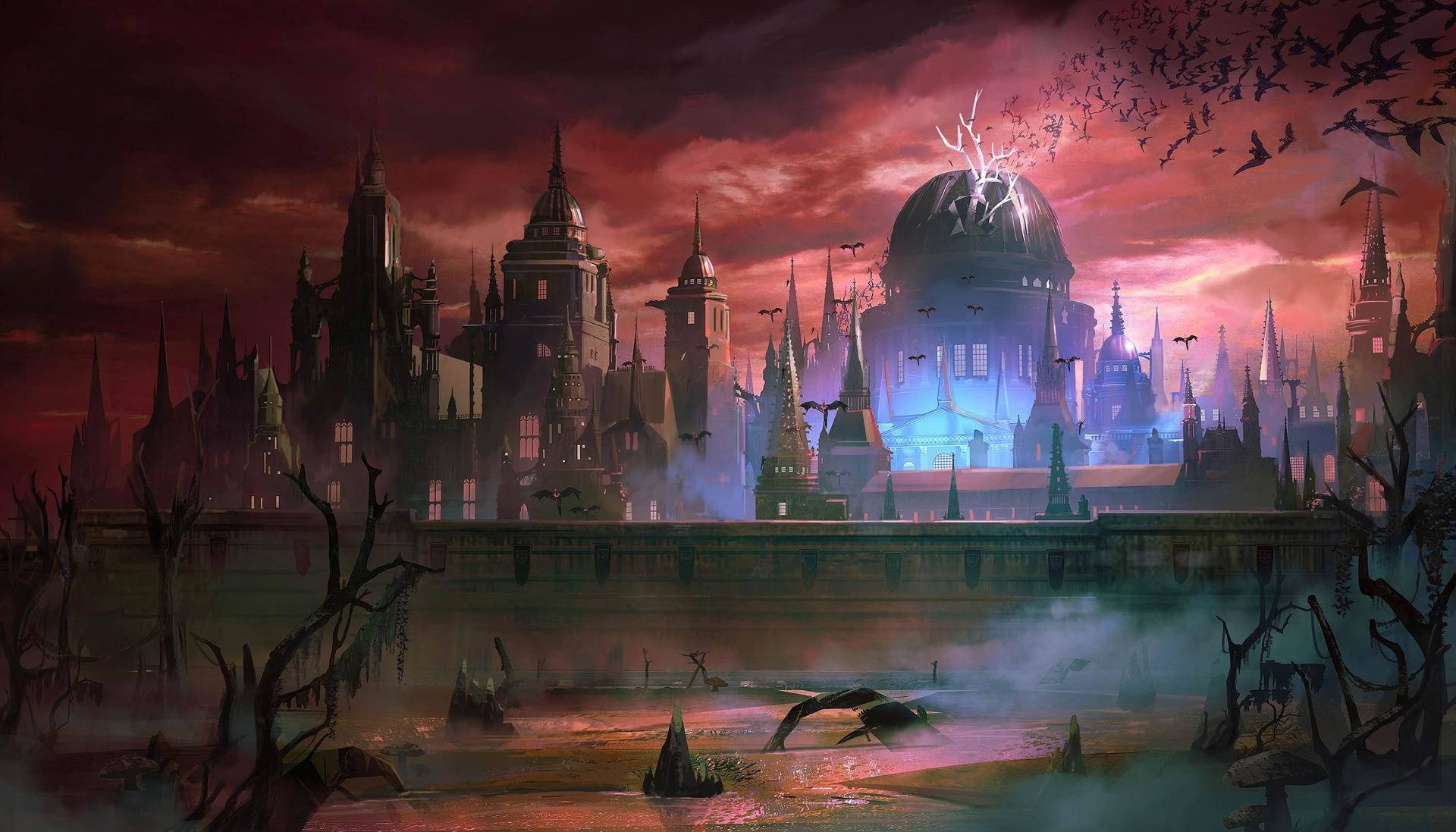 老派《RuneScape》中的黑暗梅耶城 壁紙 — 一座擁有尖塔和發光圓頂的哥德式城市矗立在血紅色的天空下，蝙蝠飛過迷霧籠罩的廢墟。