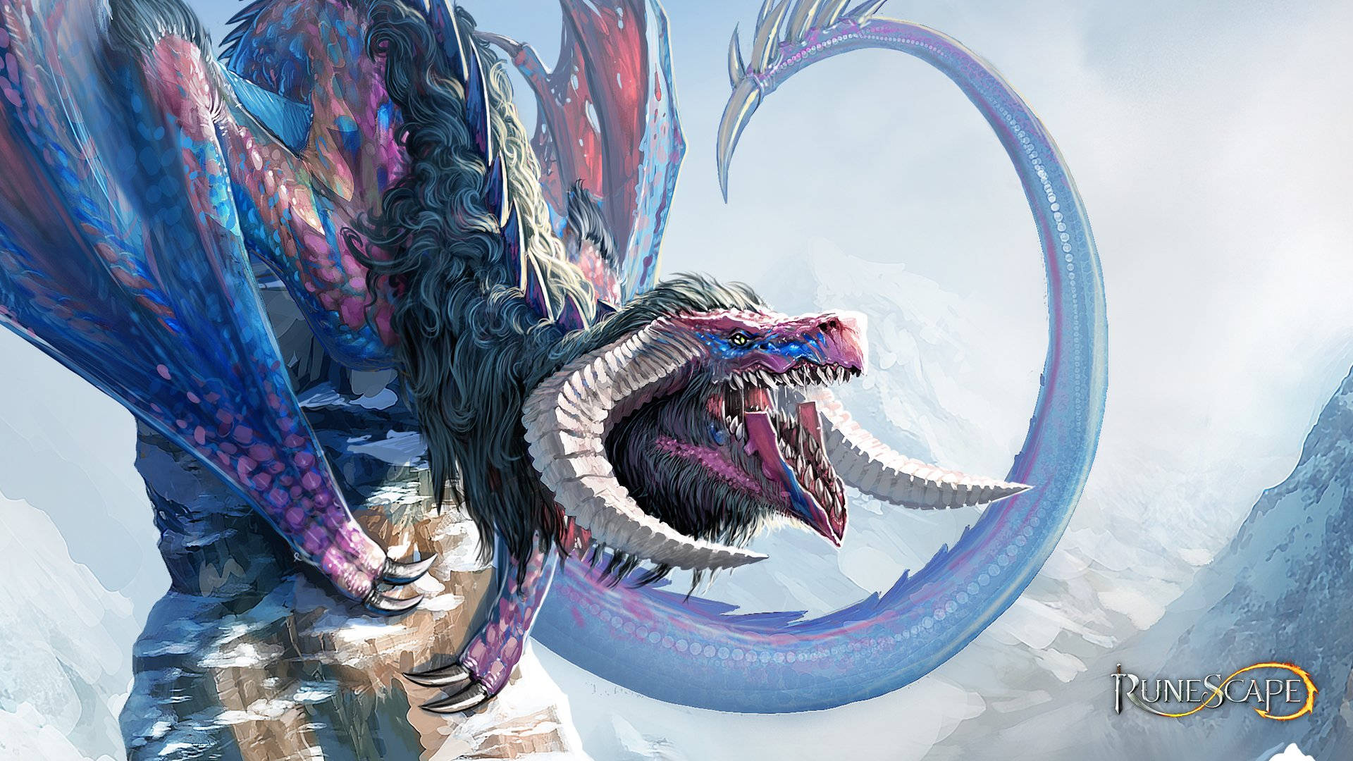 老派《RuneScape》中的龍獸 壁紙 — 一隻雄偉的藍紫色龍，擁有鋒利的牙齒和翅膀，棲息在白雪覆蓋的山峰上。