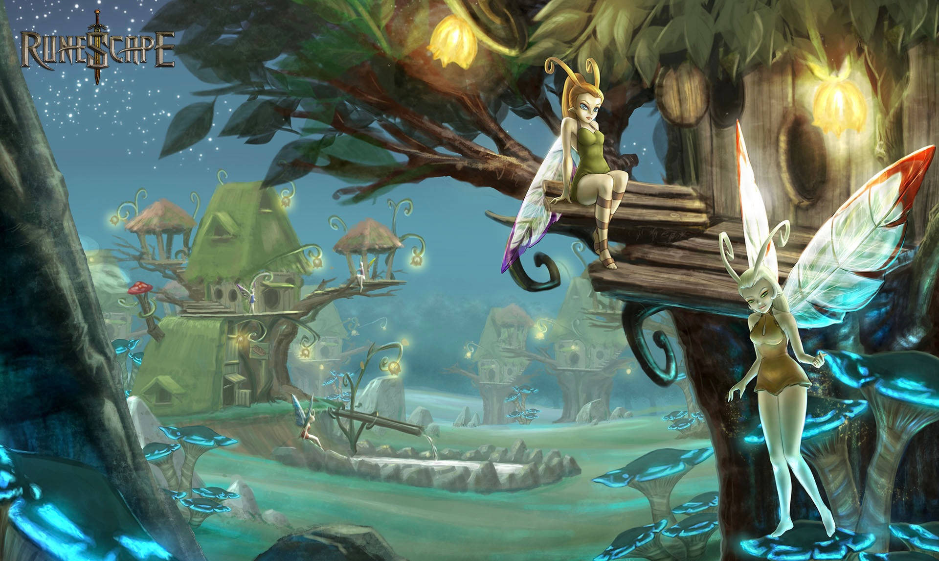老派《RuneScape》精靈仙境 壁紙 — 兩隻發光翅膀的仙女棲息在樹枝上，俯瞰著一個神秘的森林村莊，村莊裡有發光的燈籠和蘑菇屋，背景是星空燦爛的夜空。