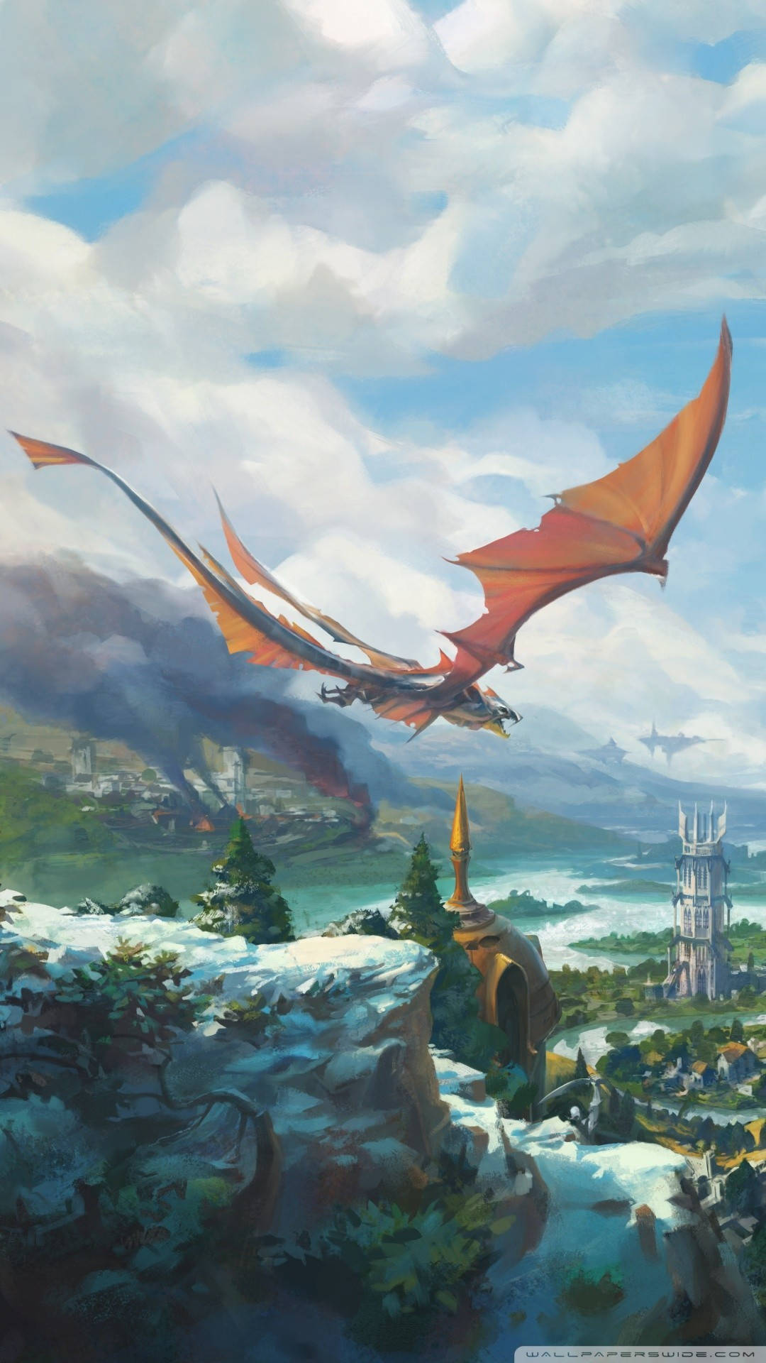 老派《RuneScape》紅龍壁紙 壁紙 — 一隻雄偉的橙色巨龍在雪崖上空翱翔，俯瞰著一個燃燒的村莊和幻想塔的山谷。