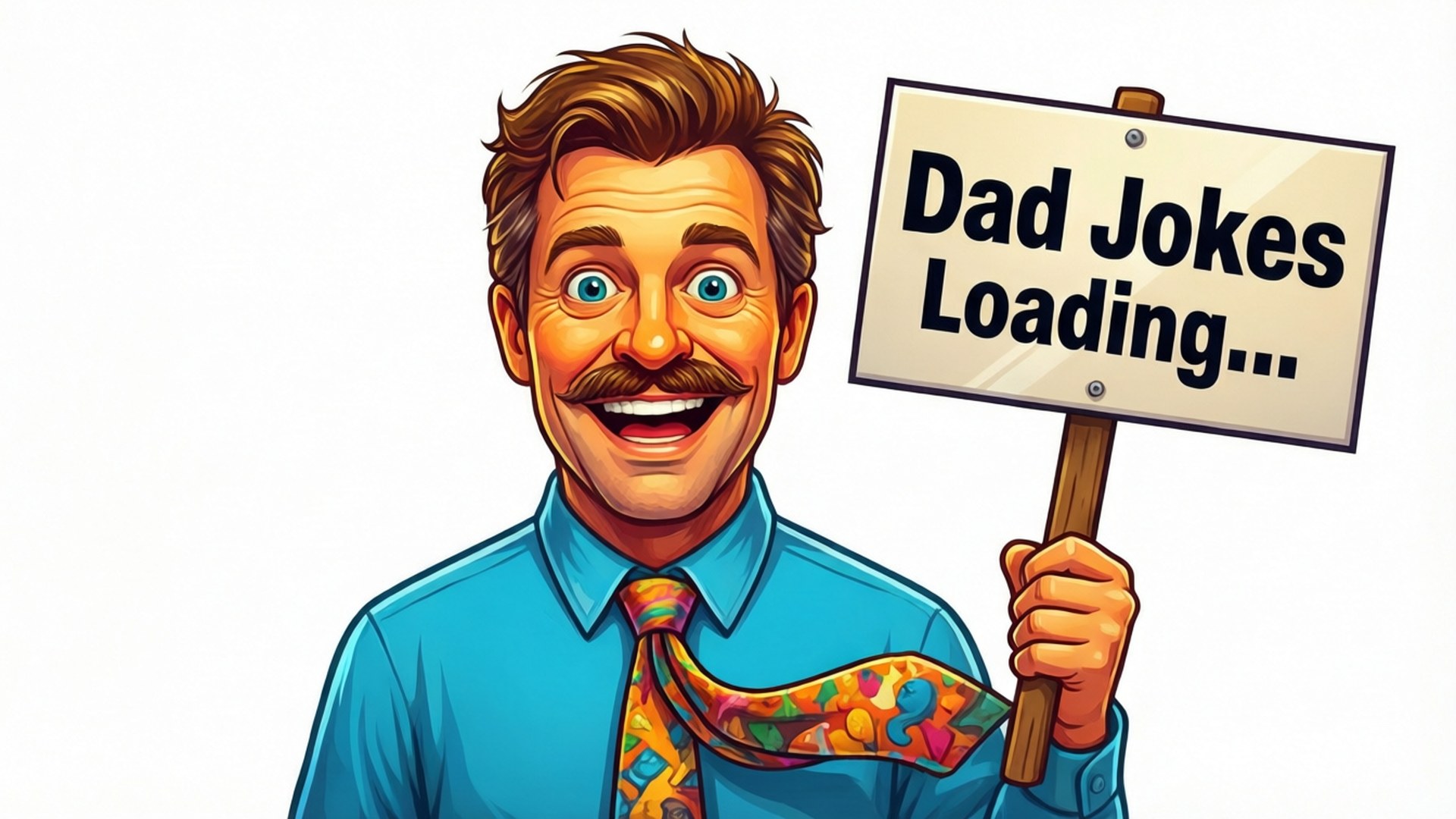 卡通爸爸拿著寫著 Dad Jokes Loading 的牌子