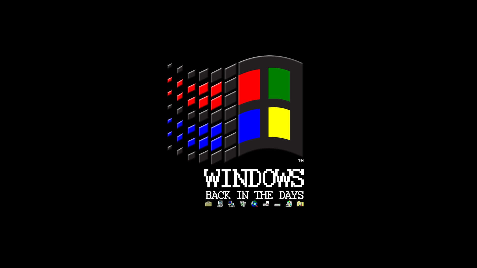 老窗戶內景，背景為磚牆 壁紙 — 經典 Windows 標誌，帶有像素化復古文字和圖標，背景為黑色。