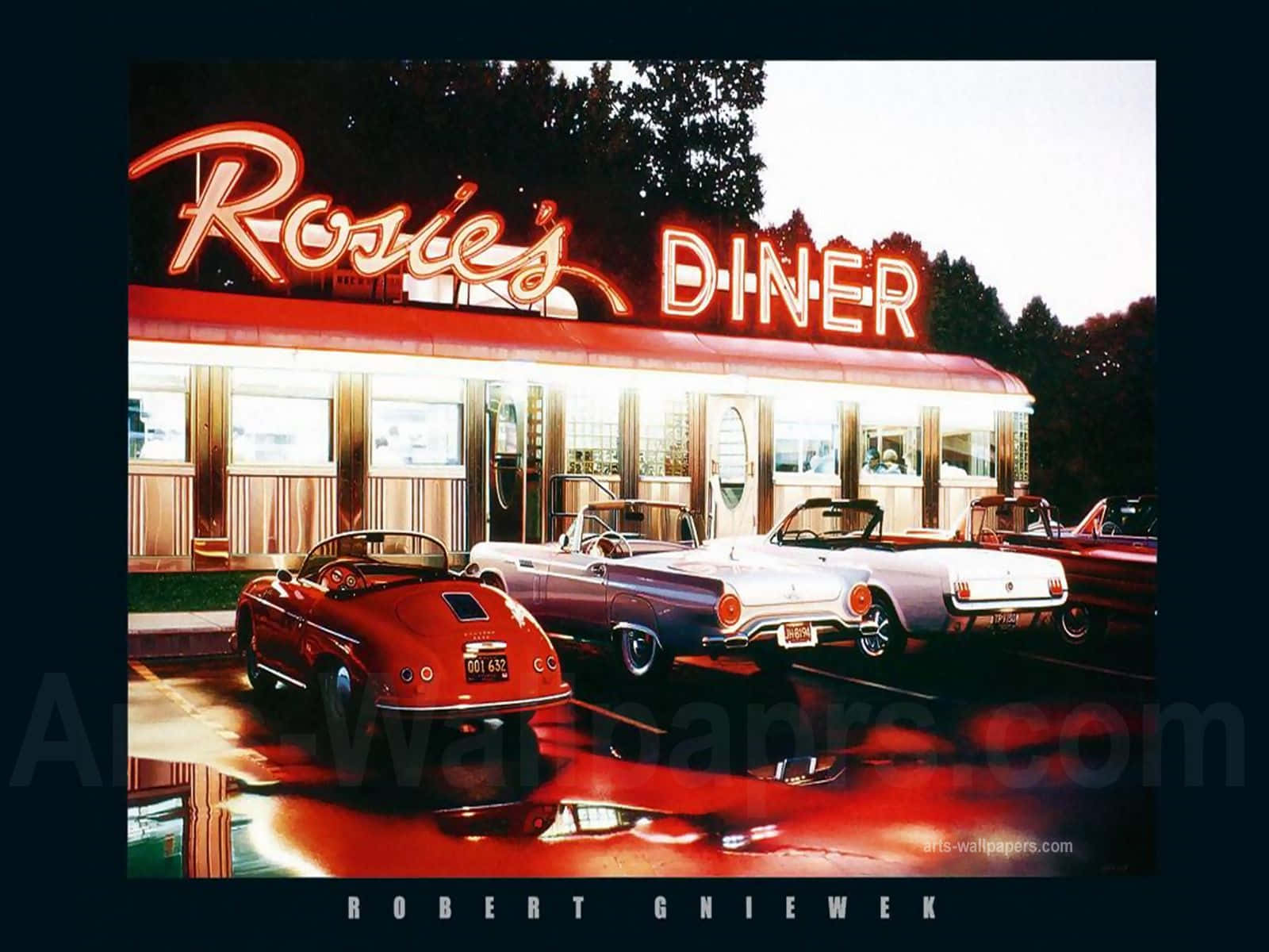 經典汽車在黃昏時分停放在Rosie's Diner外，閃爍的霓虹燈下。