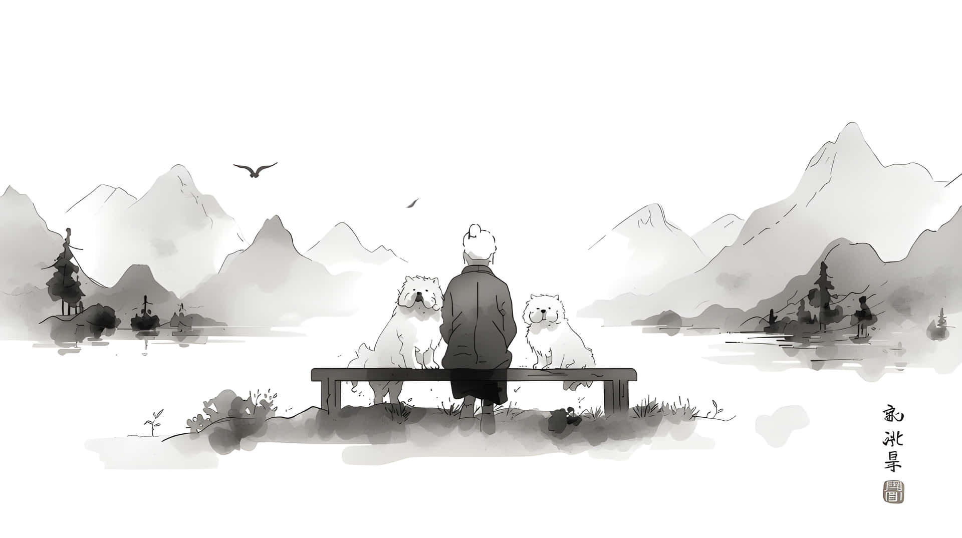 老者與犬隻觀賞霧山水墨畫壁紙 壁紙 — 一位長者坐在長椅上，身旁有兩隻毛茸茸的白狗，俯瞰著被霧氣籠罩的山巒環繞的寧靜湖泊。