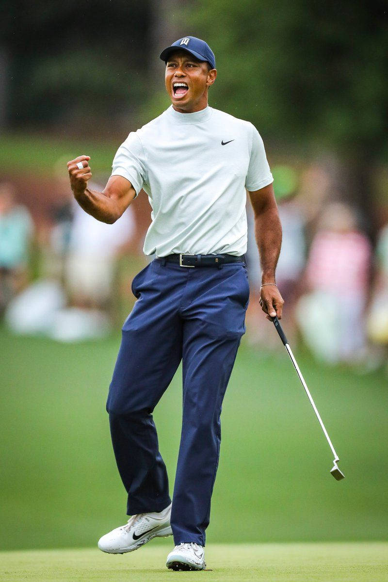 woods 桌布 壁紙 — 老虎活士在翠綠的高爾夫球場上高聲吶喊、舉起拳頭，慶祝勝利。