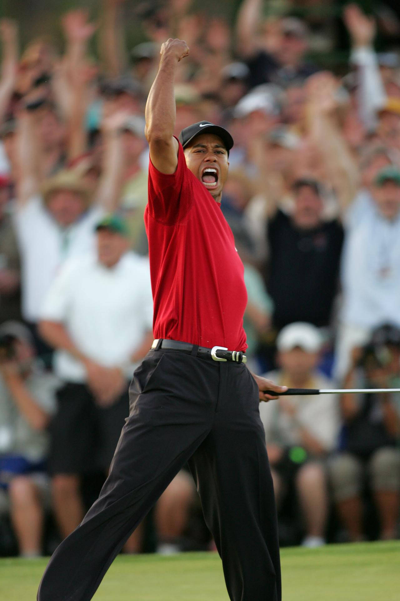 woods 桌布 壁紙 — 老虎活士在高爾夫果嶺上高舉拳頭，勝利咆哮，模糊的背景中充滿了歡呼的球迷。