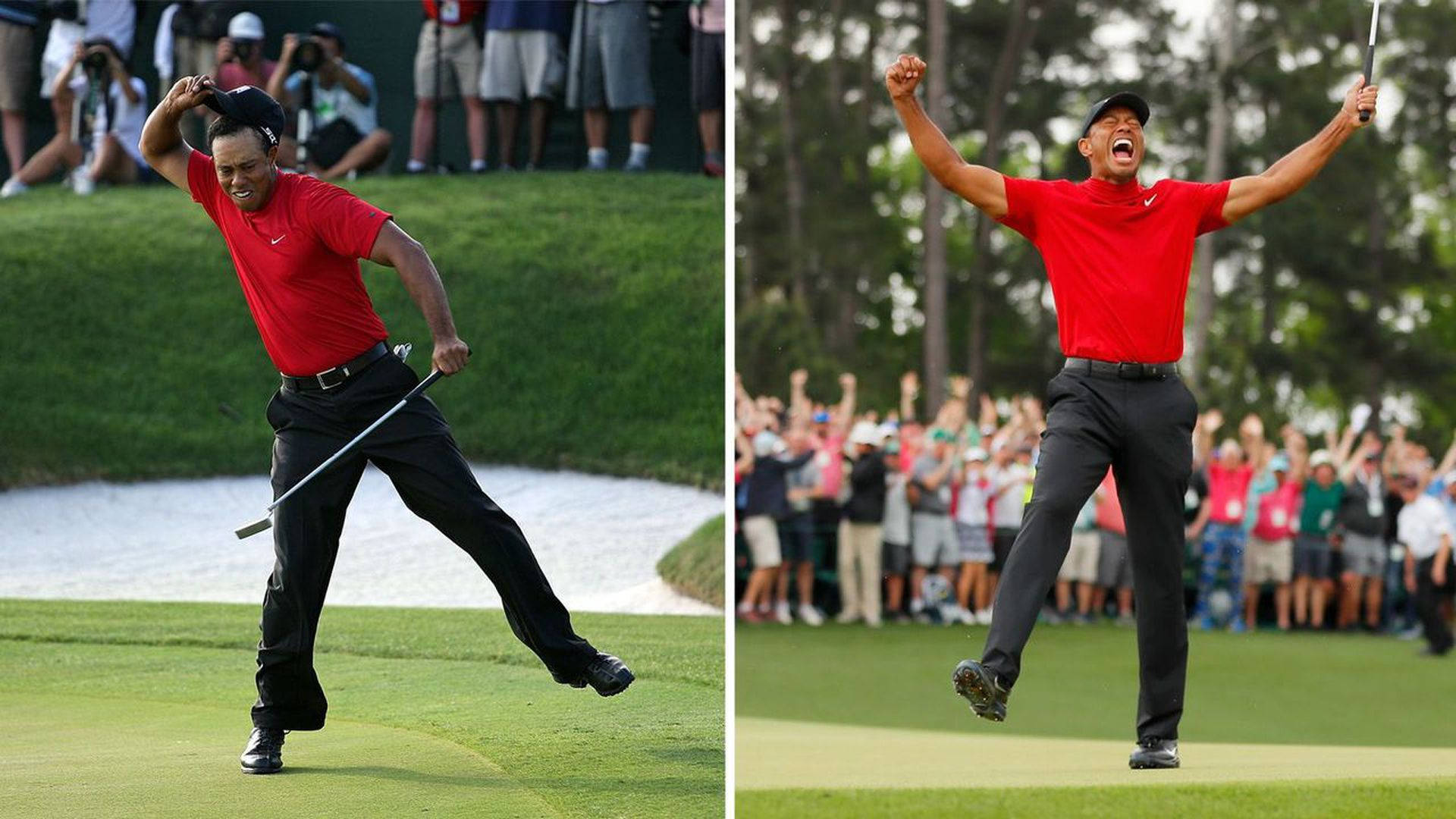 woods 桌布 壁紙 — 老虎活士在高爾夫球場的果嶺上高舉雙臂慶祝勝利，身後有歡呼的人群。