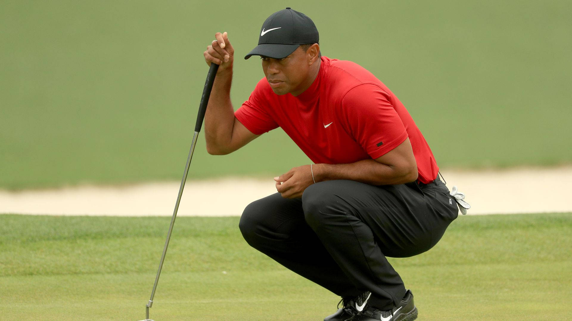 woods 桌布 壁紙 — 老虎活士專注地蹲在高爾夫果嶺上，手持推桿，準備下一擊。