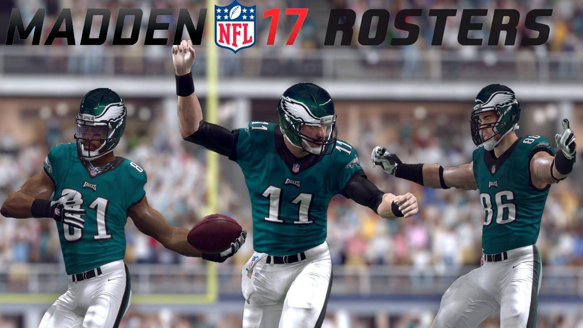 老鷹隊慶祝卡森·溫茲 壁紙 — 三名費城老鷹隊美式足球員在《Madden NFL 17》電玩場景中慶祝達陣。