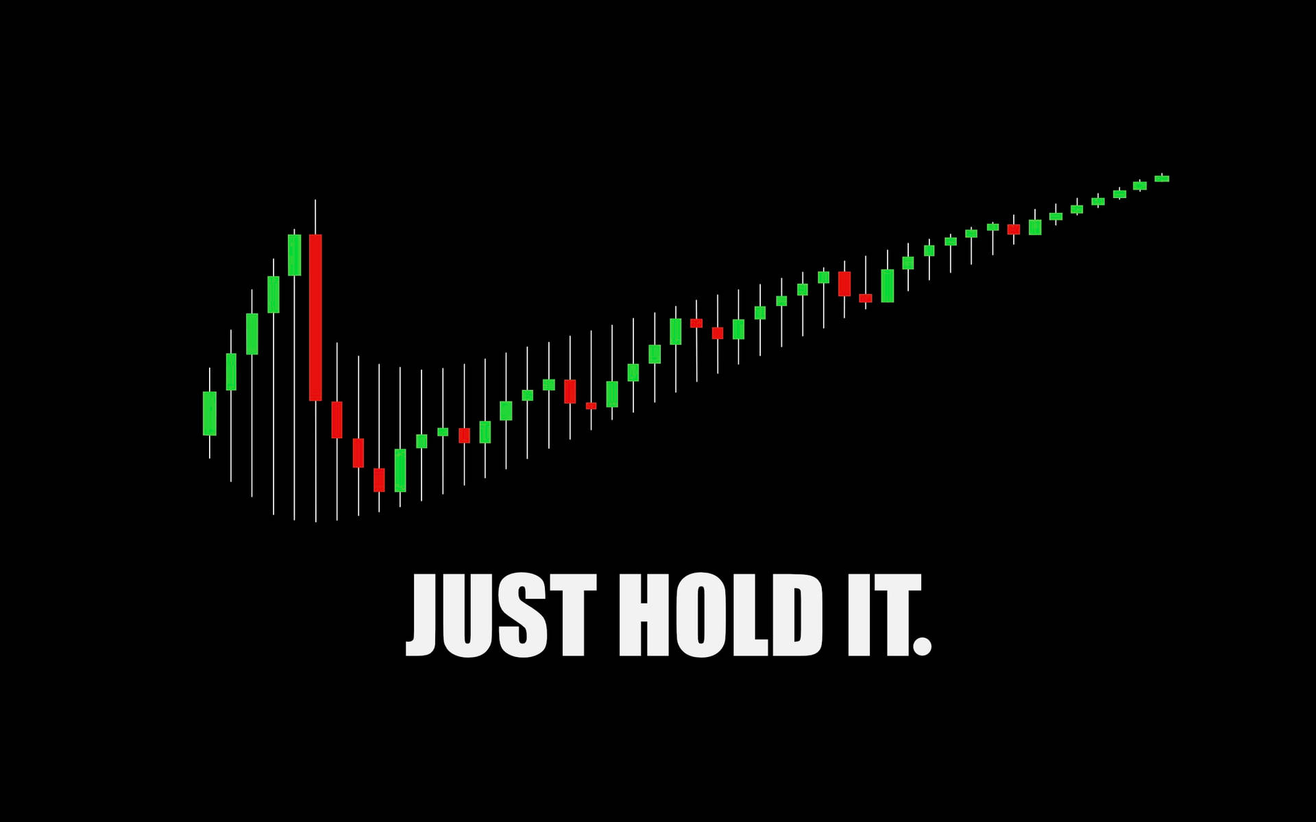 形狀像Nike剔號的股票圖表蠟燭圖，文字just hold it