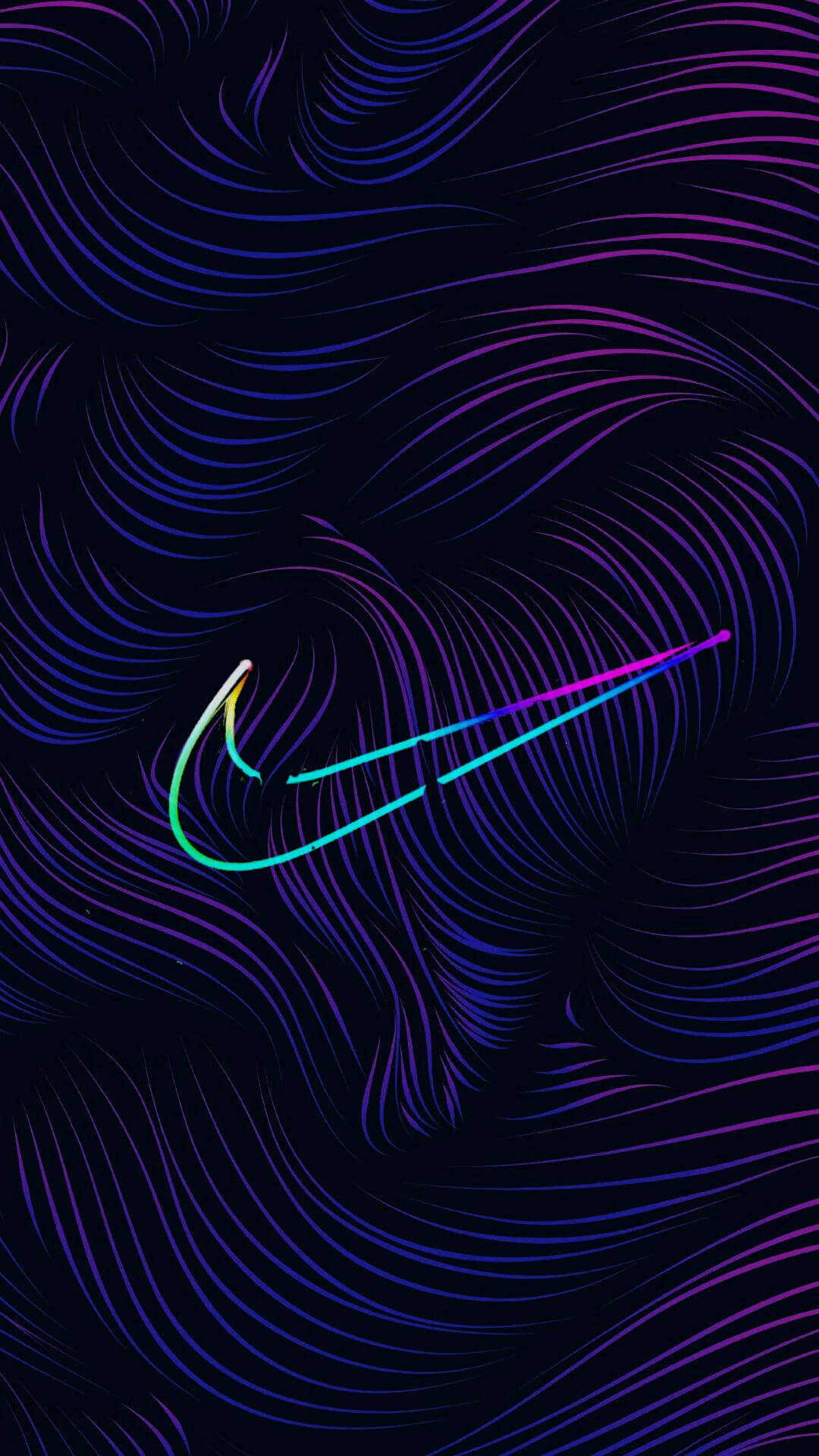 在深色背景上帶有霓虹漩渦的發光Nike勾號