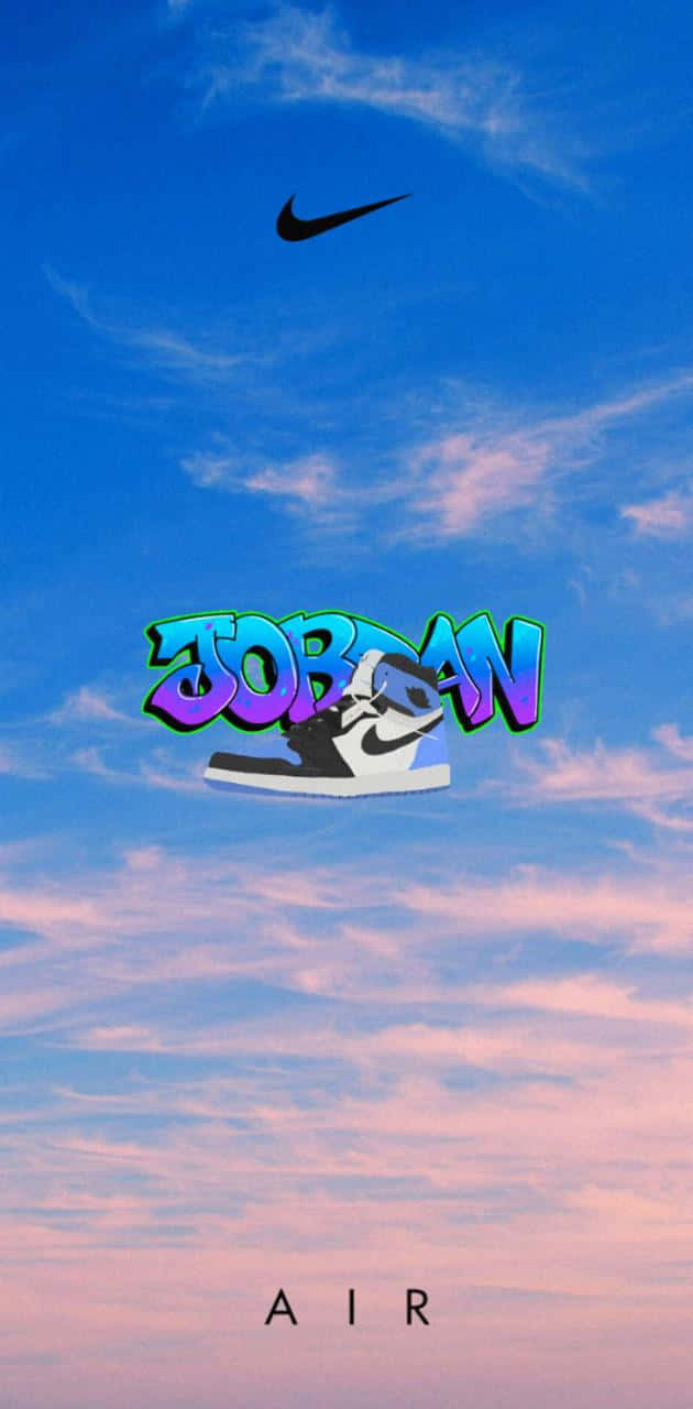 Jordan運動鞋圖案在色彩繽紛的天空中漂浮，帶有Nike品牌標誌。