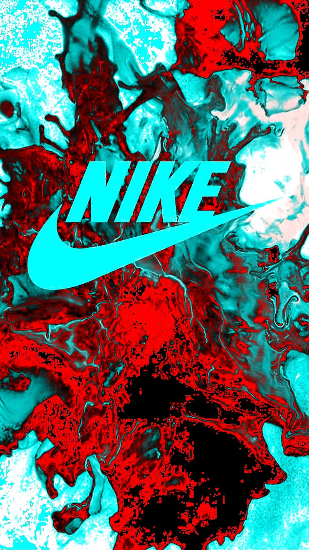 青色Nike標誌在紅色和青色油漆飛濺背景上