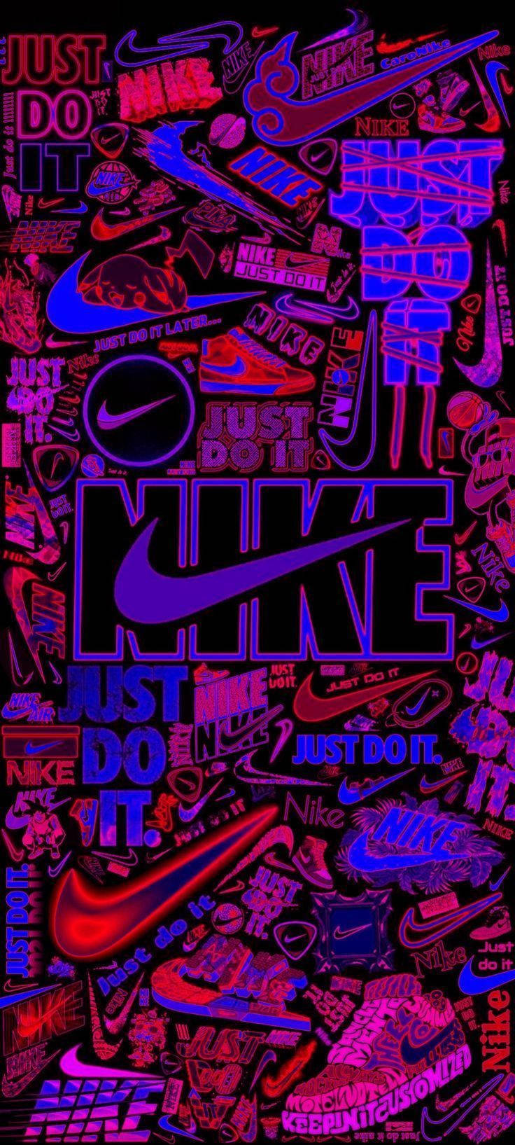 霓虹紫色和紅色Nike標誌壁紙，帶有重複的口號和運動鞋設計。