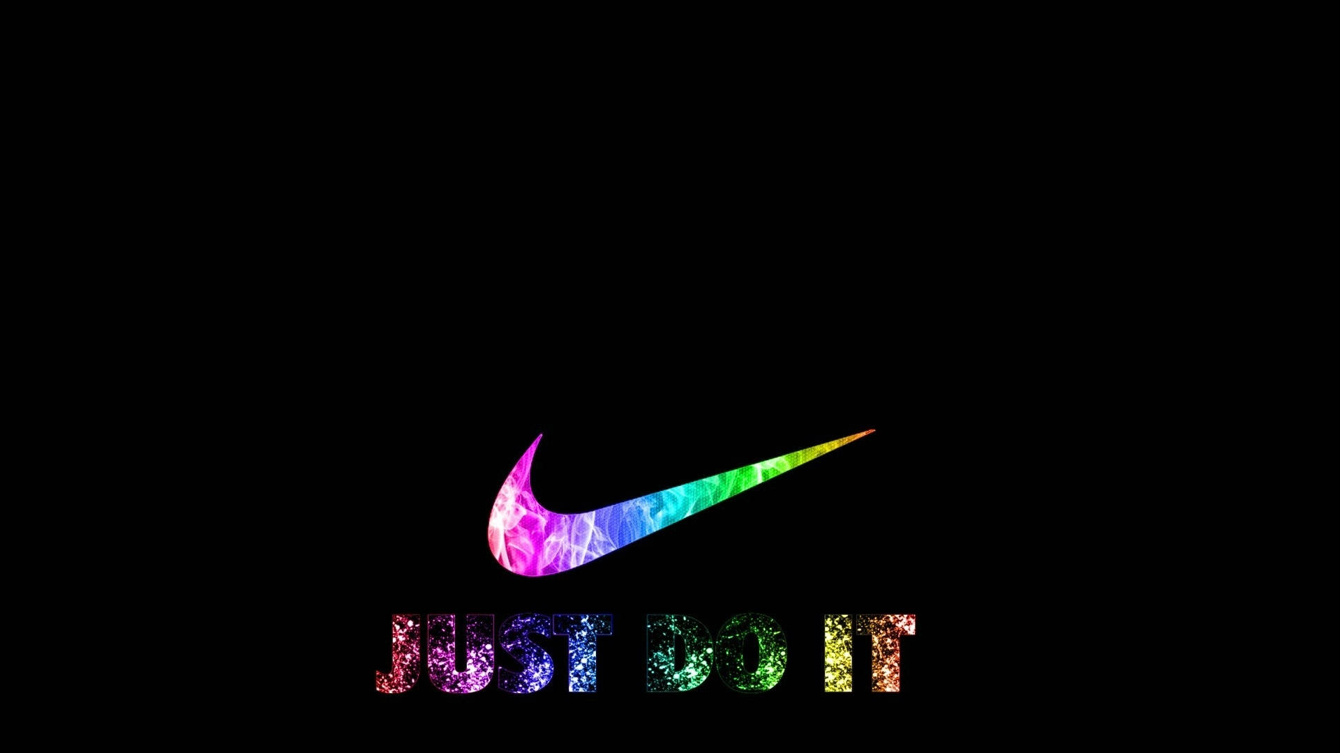 耐克女孩經典標語海報 壁紙 — 充滿活力的彩虹閃粉Nike剔號和「JUST DO IT」文字在純黑色背景上發光。