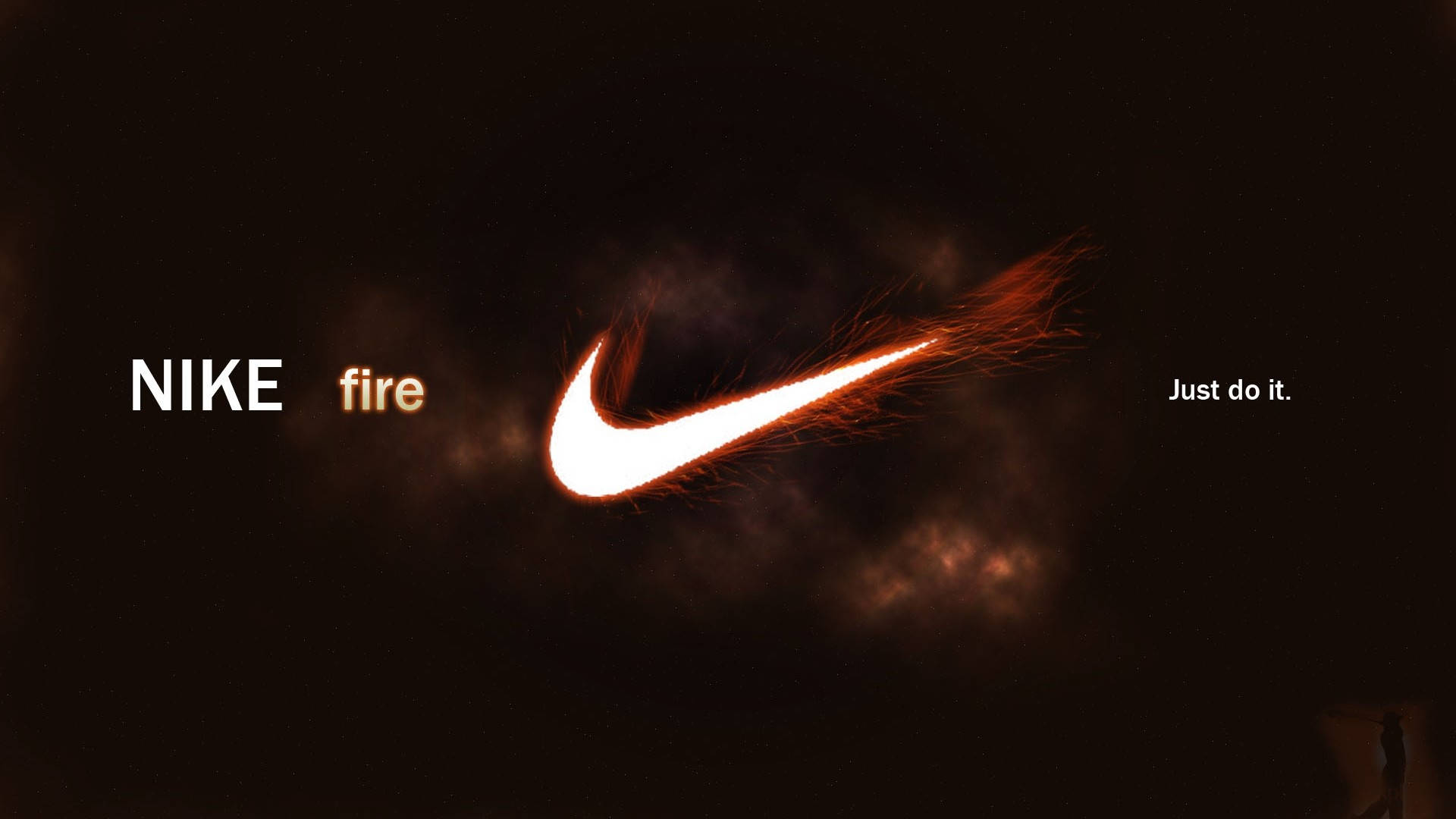 耐克標誌高清運動壁紙 壁紙 — 一個發光、熾熱的Nike剔號在黑暗煙霧背景中燃燒，帶有「NIKE fire」和「Just do it.」文字。