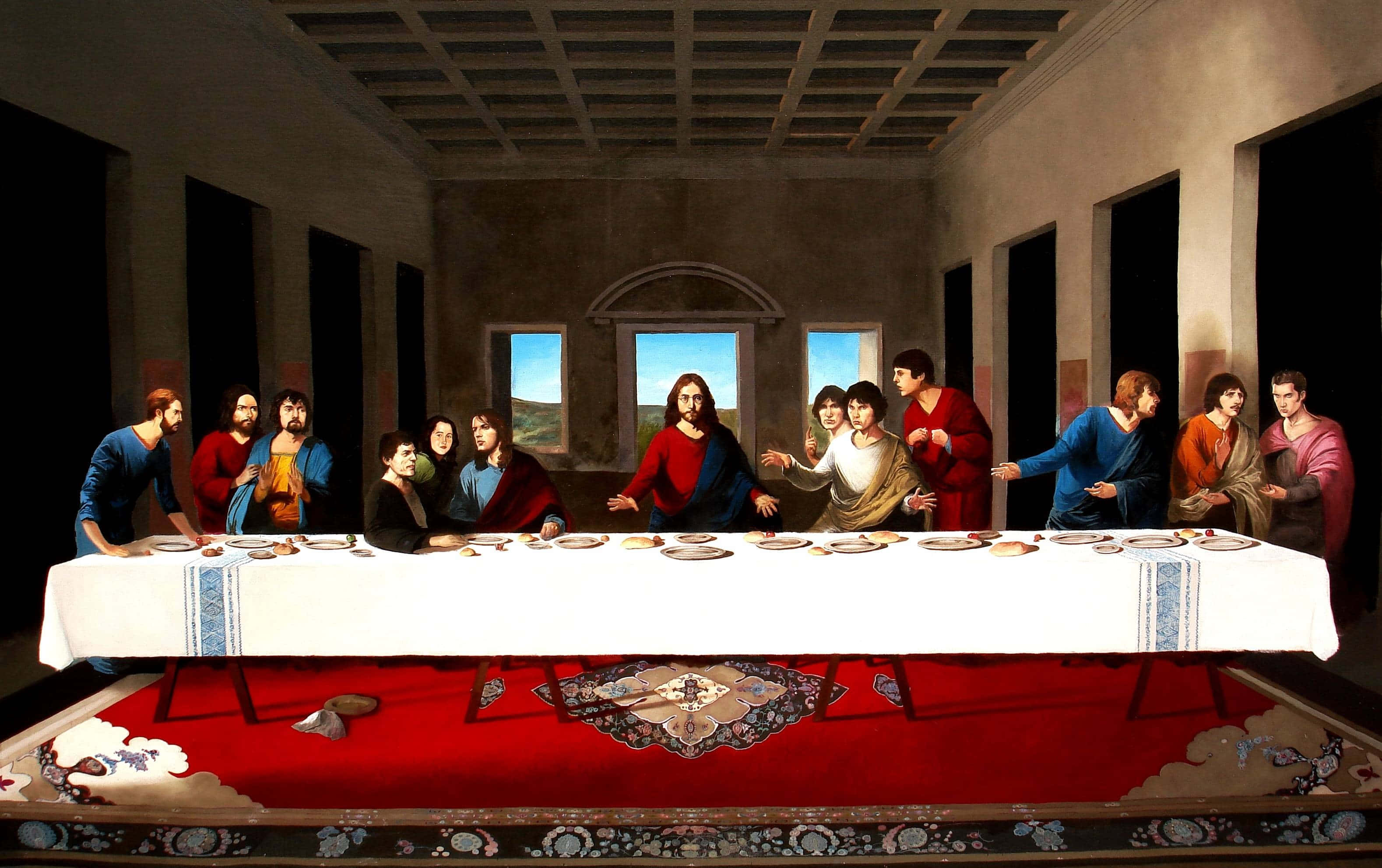 The Last Supper 桌布 壁紙 — 耶穌和祂的門徒聚集在一張長桌旁，房間光線昏暗，有拱形窗戶，窗外是遠處的風景。