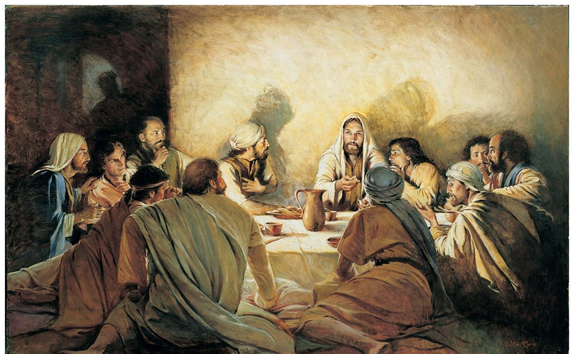 The Last Supper 桌布 壁紙 — 耶穌和門徒聚集在一張桌子周圍，房間光線昏暗，溫暖的光線投射出柔和的陰影。