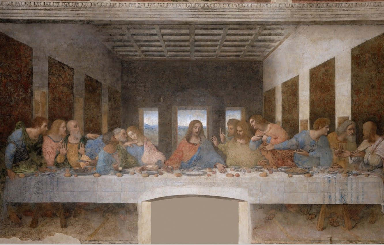 The Last Supper 桌布 壁紙 — 耶穌和門徒聚集在一張長桌周圍，房間光線昏暗，拱形窗戶顯露出遠方的山丘。