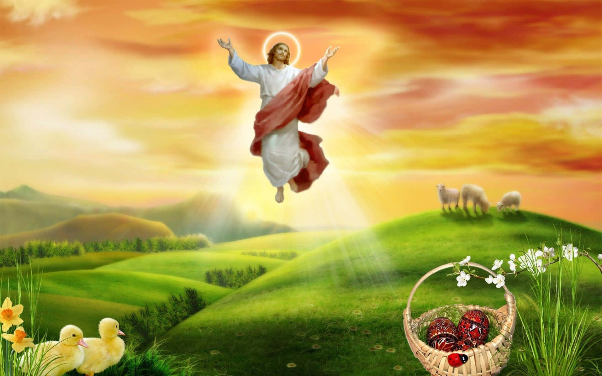 Religious Easter 桌布 壁紙 — 耶穌基督在日落時分張開雙臂，升上起伏的綠色山丘之上，下方有羊、鴨子和籃子裡的復活節彩蛋。