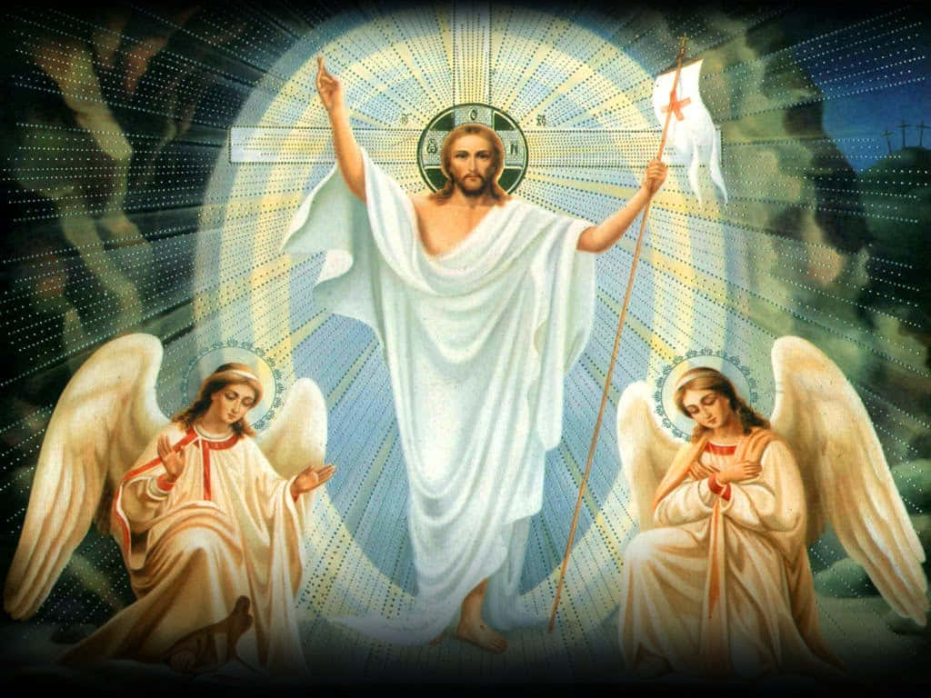 Jesus Resurrection 桌布 壁紙 — 耶穌基督在榮耀中升天，兩旁有兩位天使手持帶有紅色十字架的旗幟，背景為天國景象。