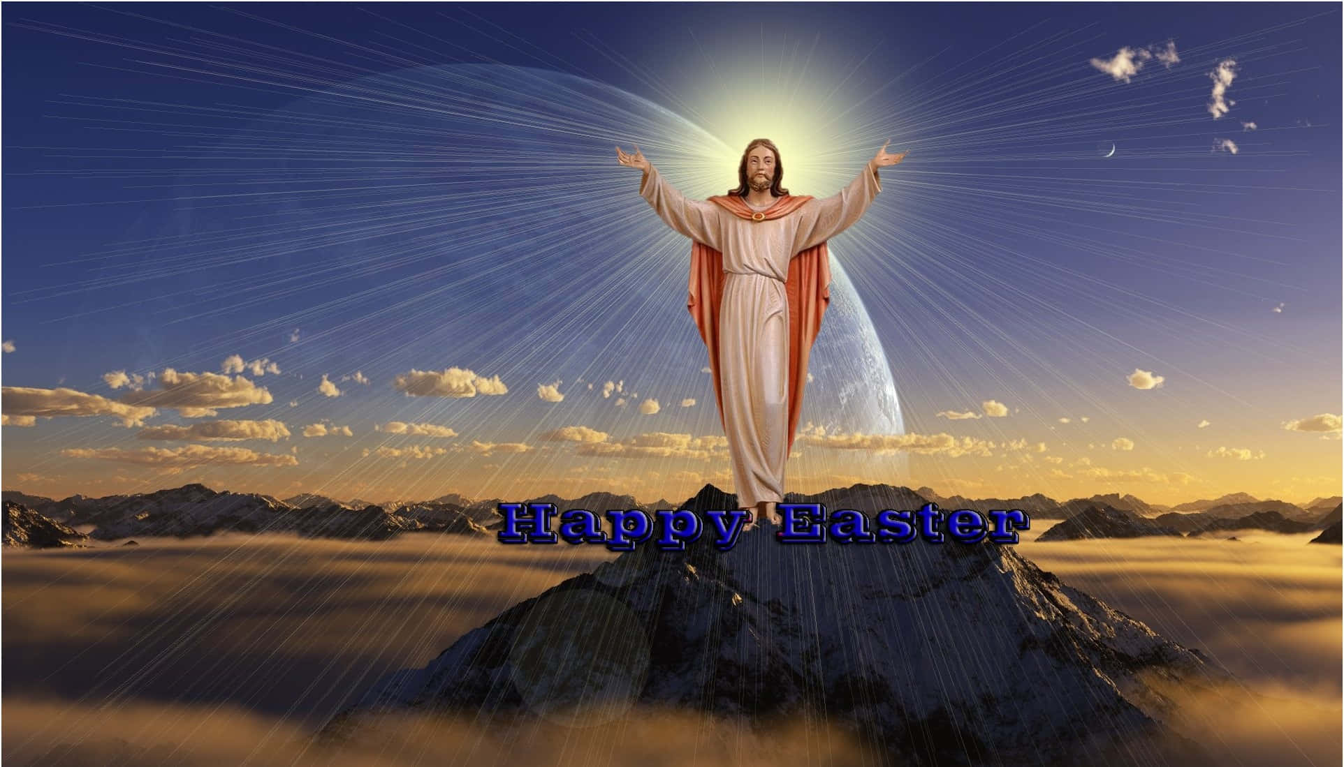 Jesus Resurrection 桌布 壁紙 — 耶穌基督張開雙臂，光芒四射地站在白雪覆蓋的山頂上，光環的光束穿透暮色天空中的雲朵和一彎新月。