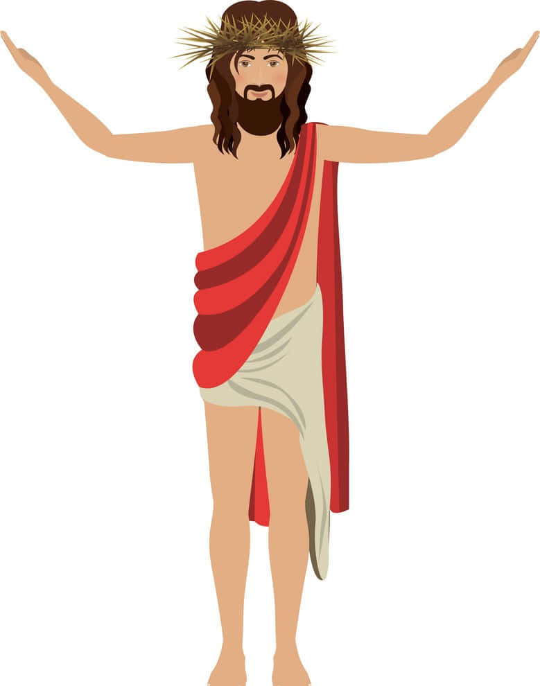Jesus Crown Of Thorns 桌布 壁紙 — 耶穌基督戴着荊棘冠冕、身穿紅色長袍，張開雙臂站立的插圖。