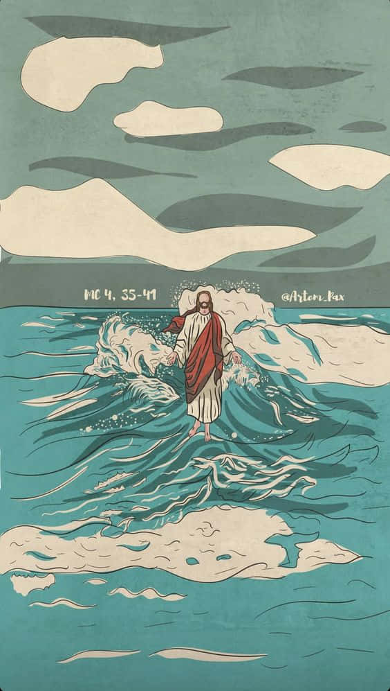 耶穌在水面上行走，伴隨著波浪和雲朵的風格化插圖。