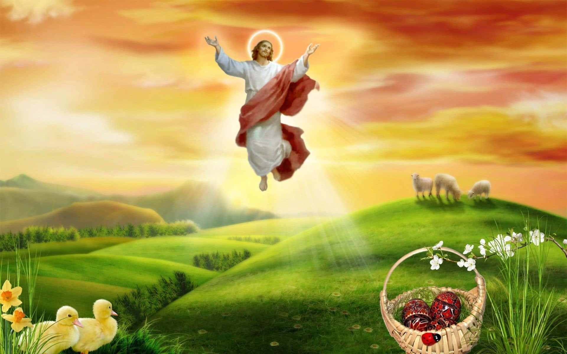 Jesus Resurrection 桌布 壁紙 — 耶穌張開雙臂，在連綿起伏的綠色山丘上昇天，羊群在吃草，復活節蛋放在籃子裡。