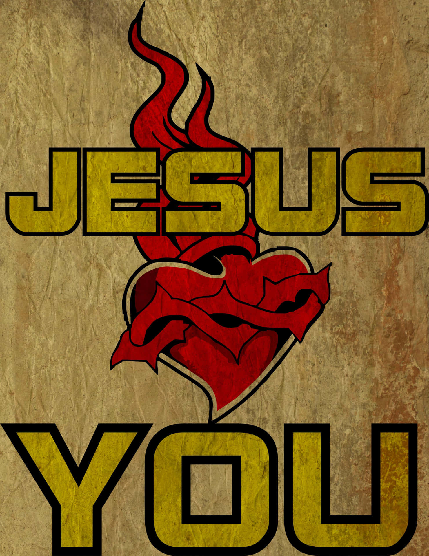 紋理棕色背景上，帶有粗體黃色 Jesus You 文字的紅色火焰心形。