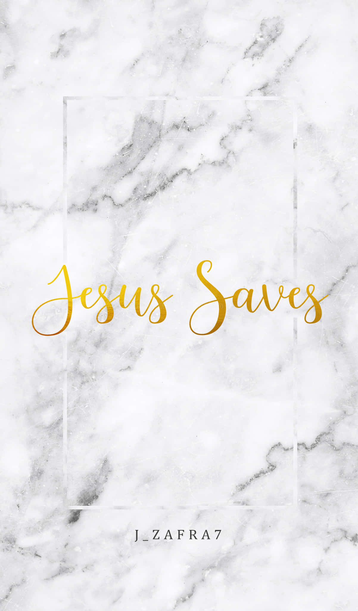 耶穌拯救 壁紙 — 優雅的白色大理石背景，金色草書文字寫著 Jesus Saves，位於一個薄白色框架內。