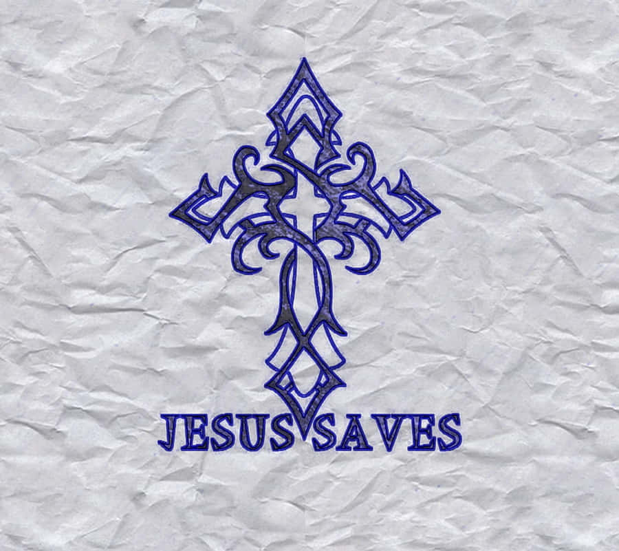 耶穌拯救 壁紙 — 一個華麗的藍色十字架，上面有「JESUS SAVES」文字，畫在皺巴巴的白紙上。