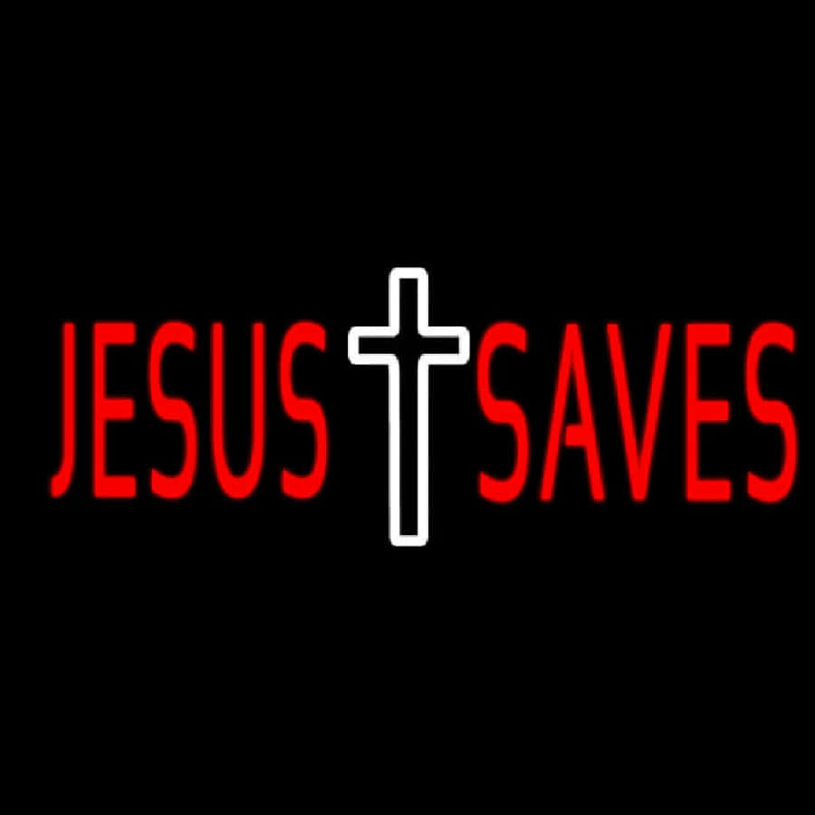 「耶穌拯救」 壁紙 — 粗體紅色文字「JESUS SAVES」，黑色背景中央有一個白色十字架。