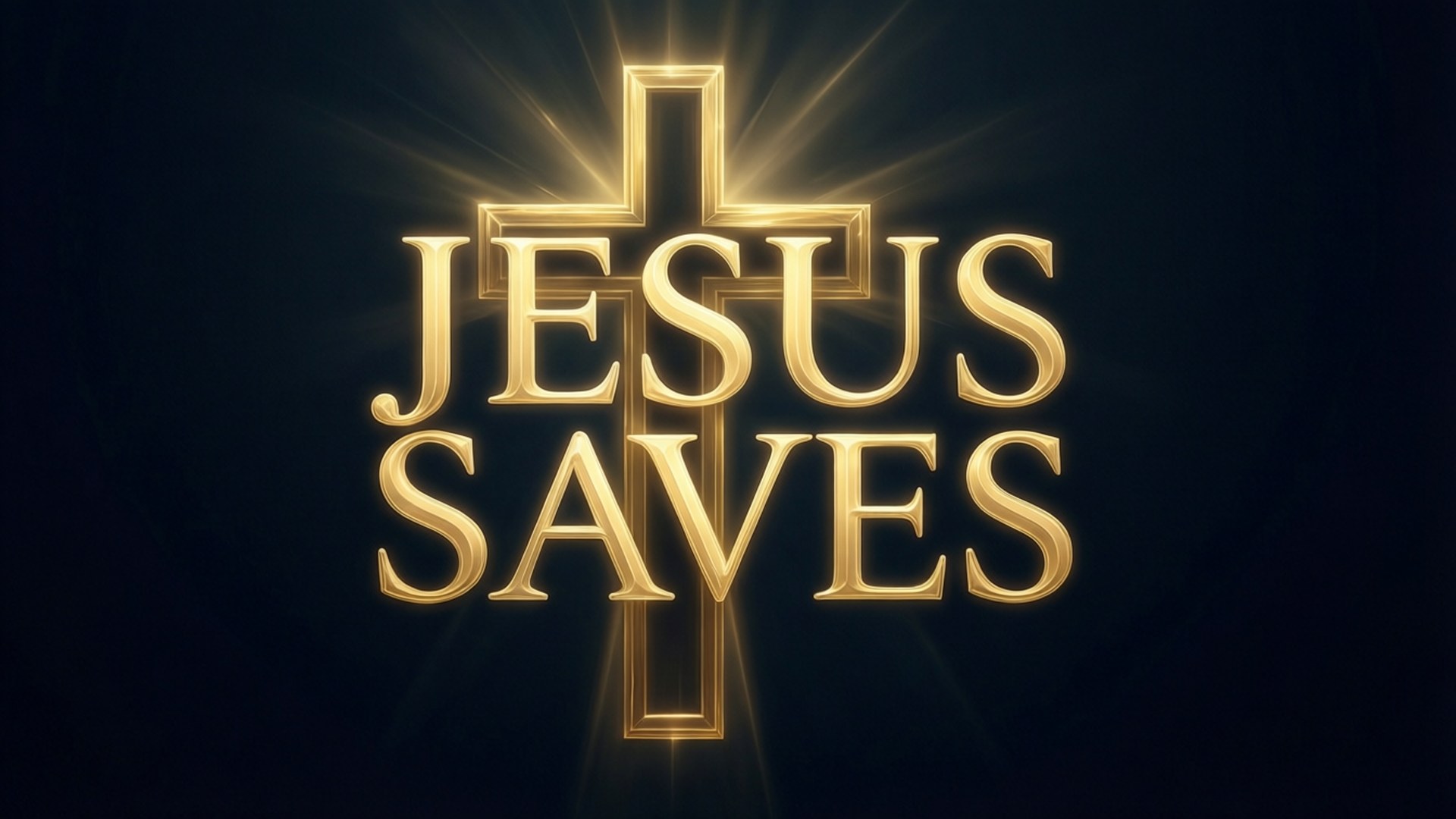 金色Jesus Saves文字同發光十字架喺黑暗背景上