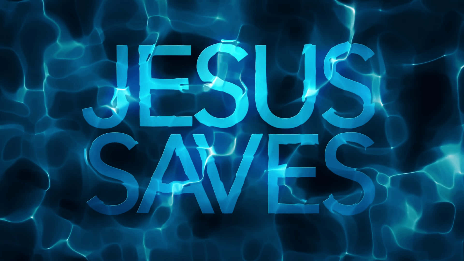 耶穌拯救我們脫離罪惡 壁紙 — 「Jesus Saves」字樣在充滿活力的藍色水下漣漪中發光，帶有光線反射。