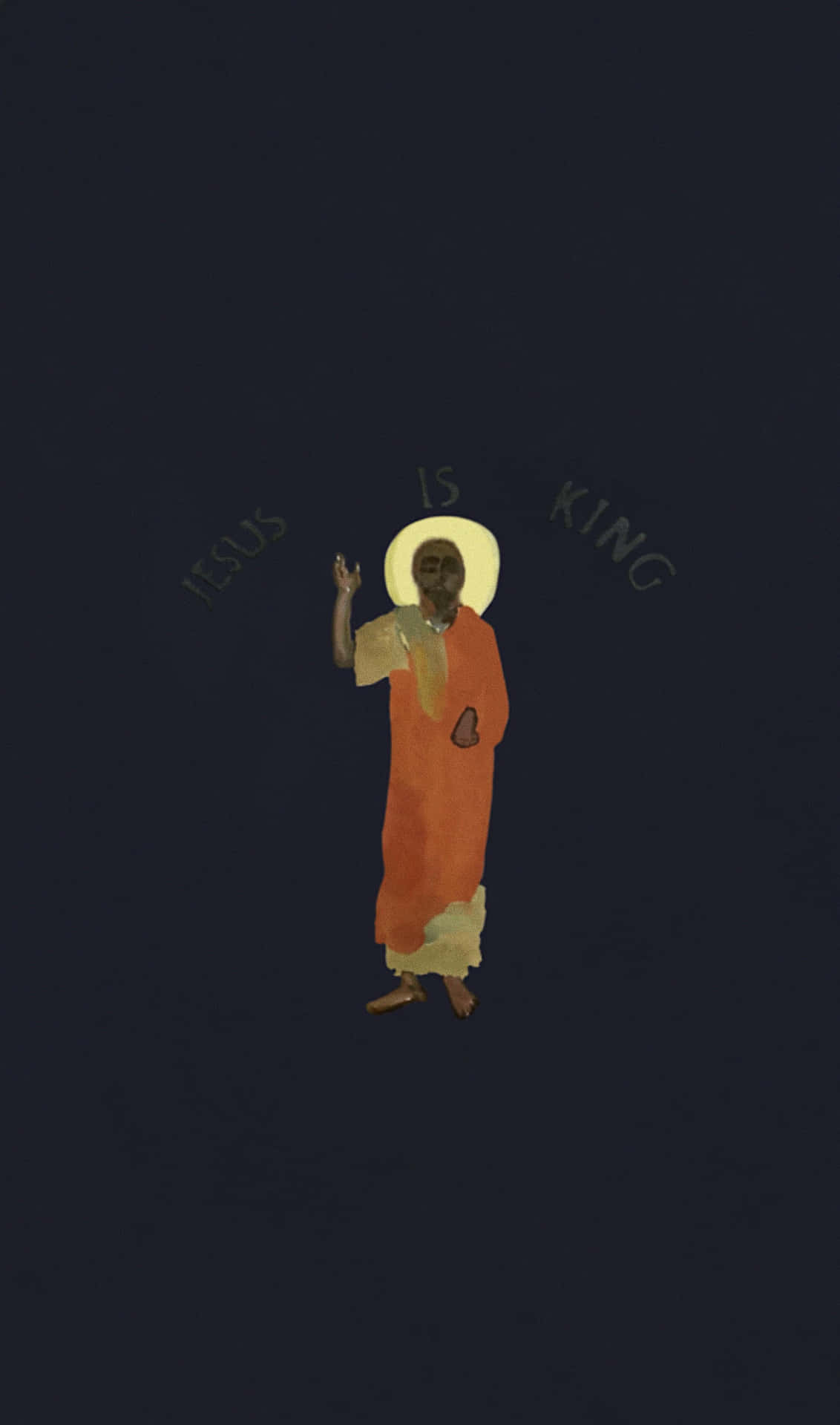 一個穿著橙色長袍、帶有光環的人物，上方有「Jesus Is King」字樣。