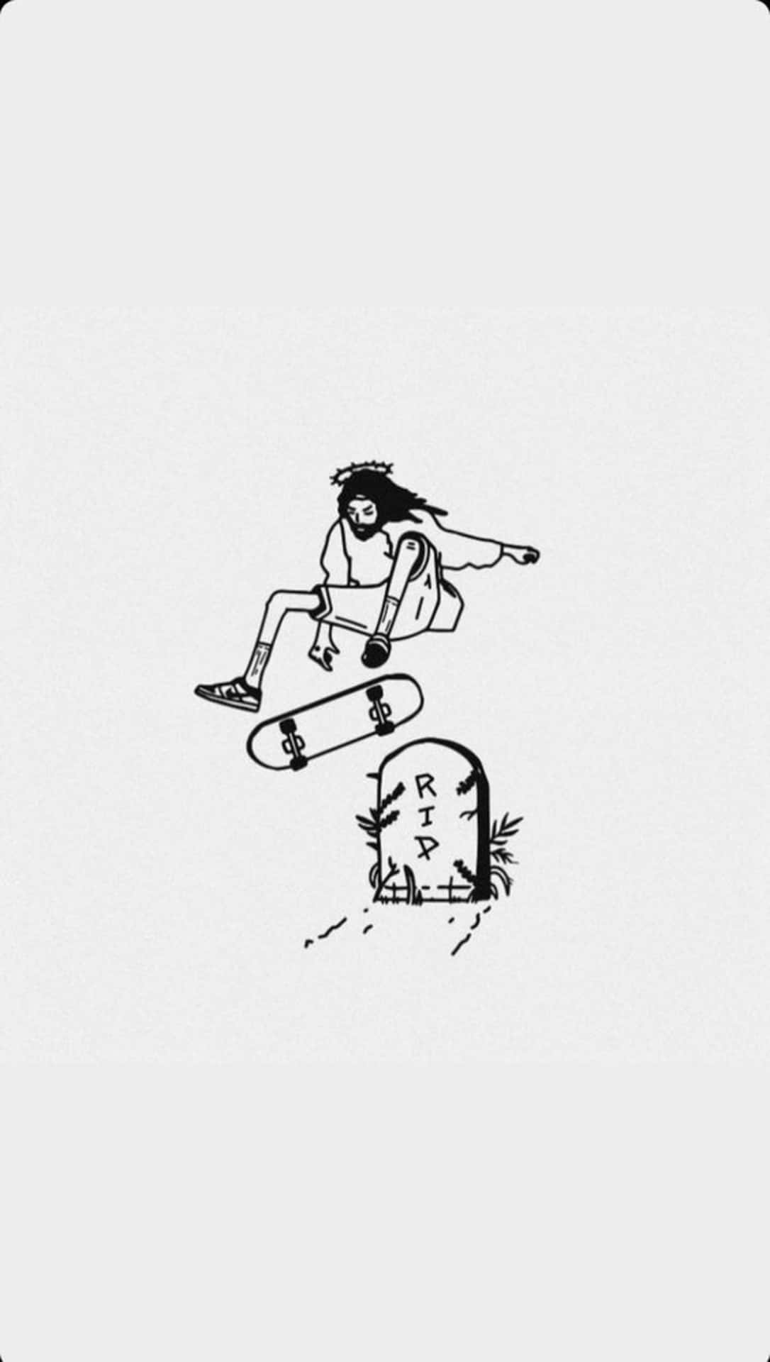 滑板手跳過刻有RIP的墓碑。