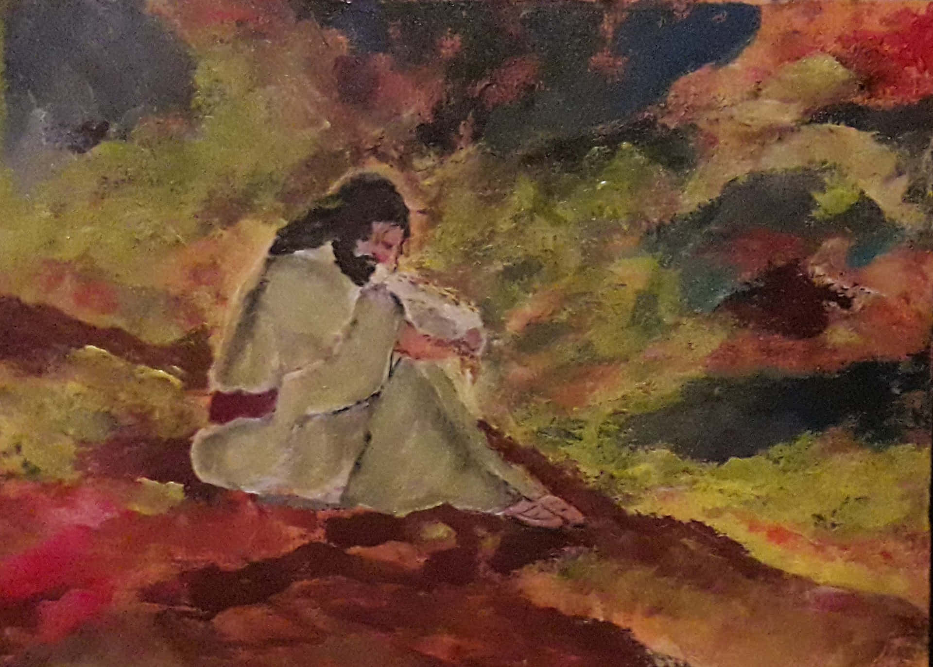 一個身穿長袍的人物坐在色彩繽紛的抽象風景中，顯得沉思。