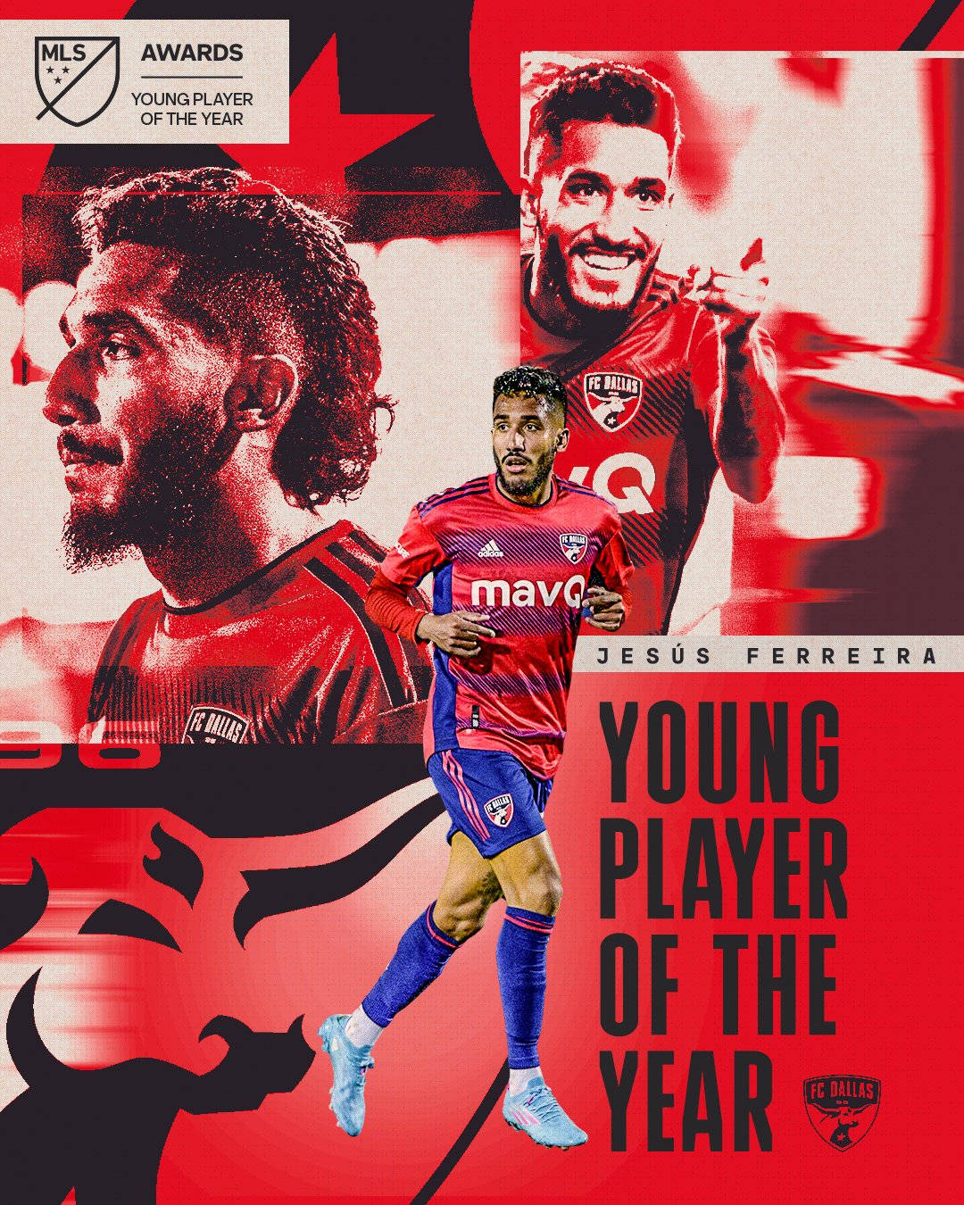 足球員 Jesús Ferreira 身穿 FC 達拉斯球衣慶祝贏得年度最佳年輕球員獎項。