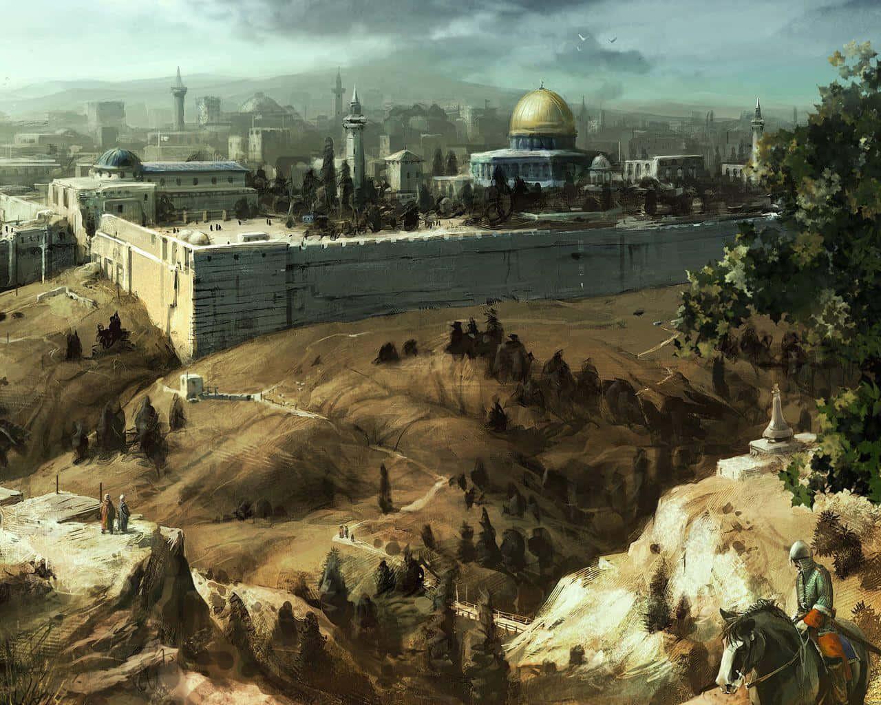 Crusader 桌布 壁紙 — 耶路撒冷古城全景，包括圓頂清真寺和西牆，天空多雲。