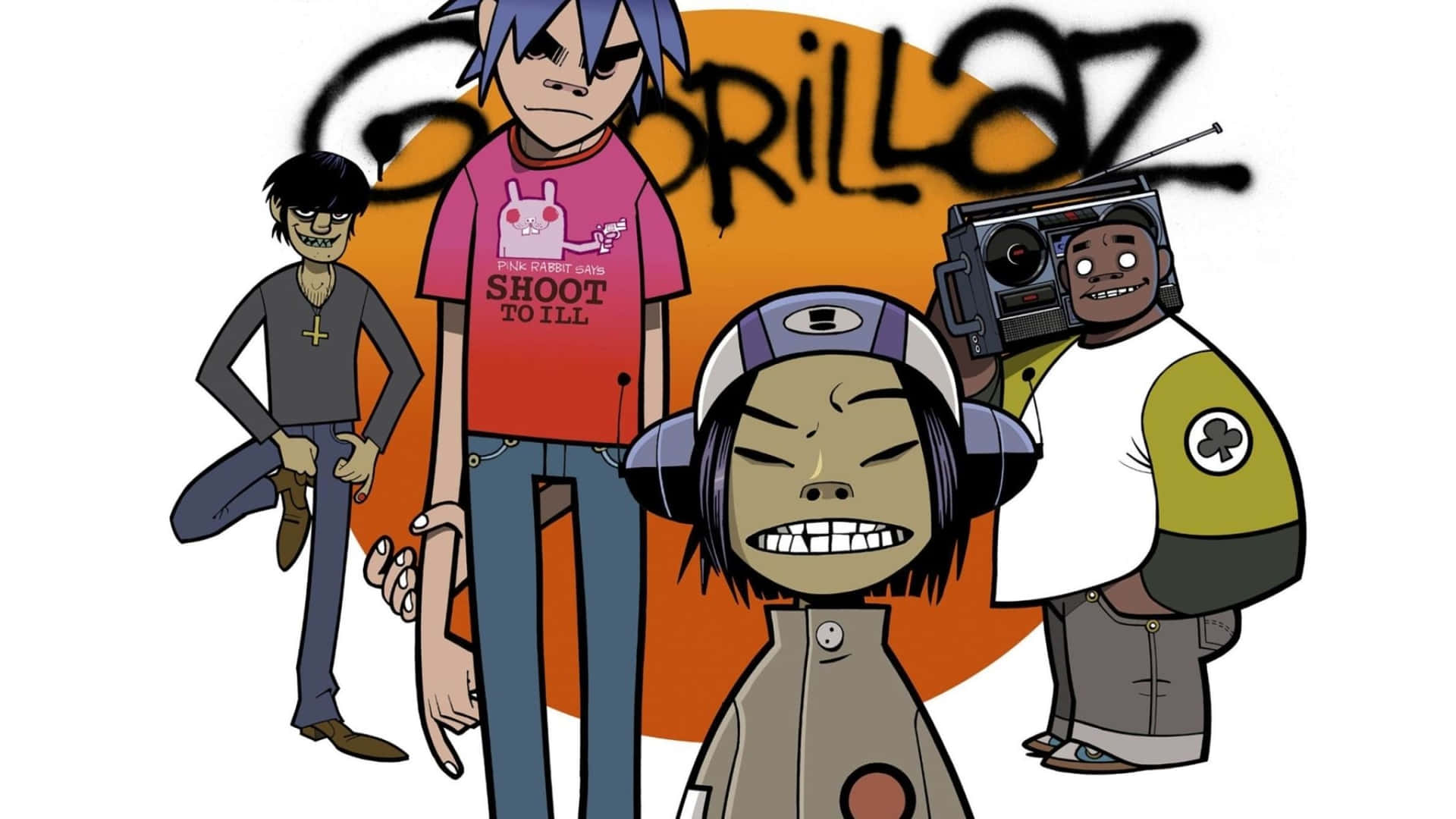Gorillaz 樂隊成員以卡通風格呈現，背景為塗鴉。