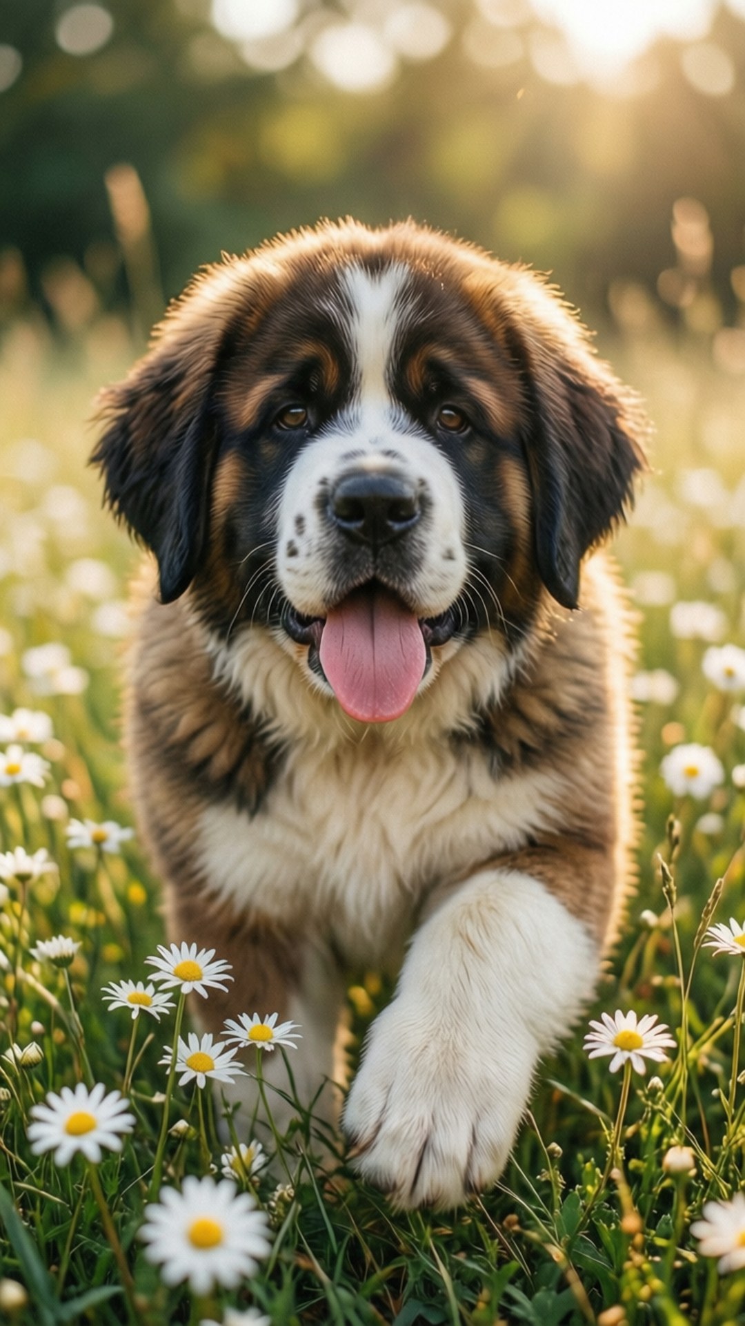 聖伯納幼犬嬉戲 壁紙 — 一隻快樂的聖伯納幼犬伸出粉紅色舌頭，在陽光明媚的雛菊花田裡奔跑。