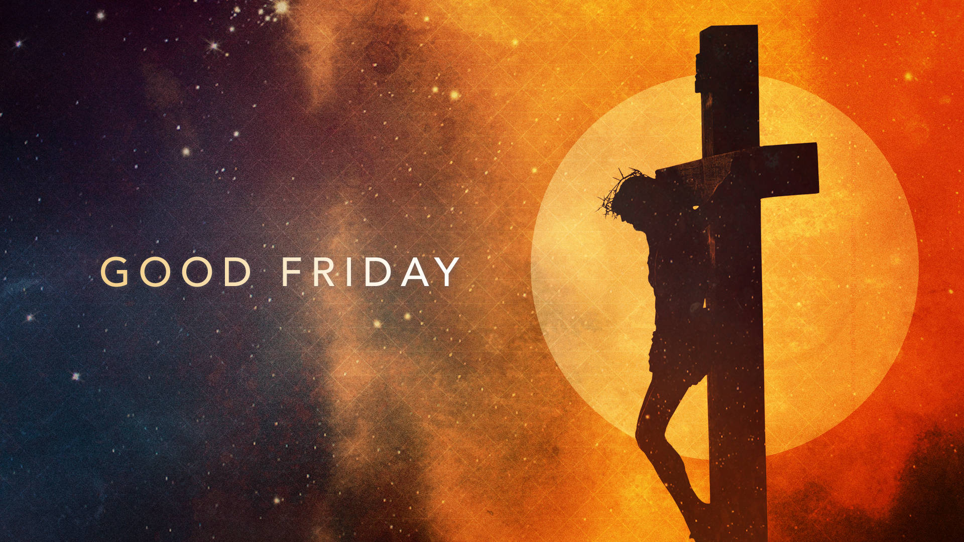 耶穌在十字架上的剪影，背景是火熱的橙色太陽和星空，帶有「GOOD FRIDAY」文字。