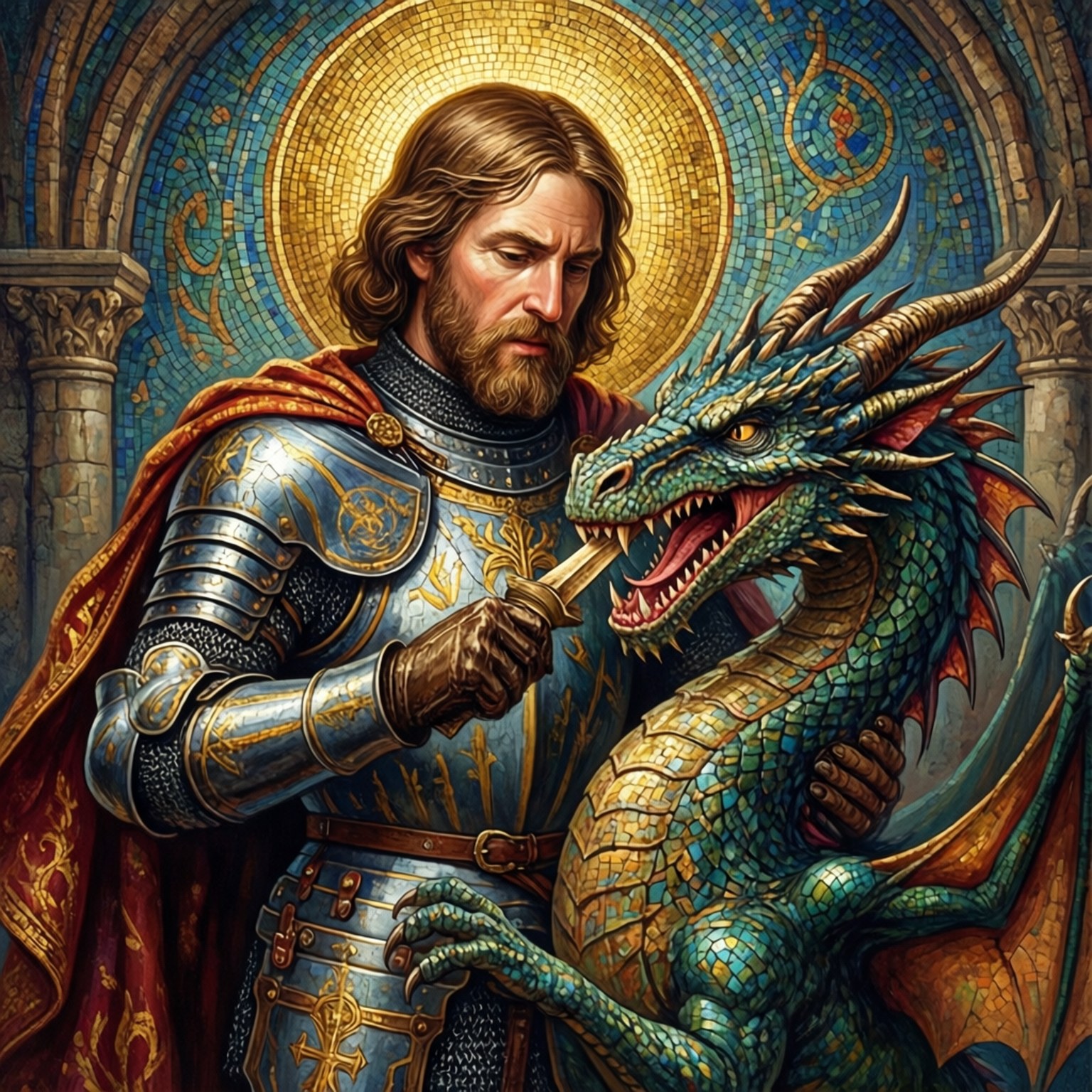 聖喬治屠龍 壁紙 — 一位身穿華麗藍金盔甲的騎士在馬賽克大教堂中輕輕抱著一條綠色鱗片龍，身後有金色光環。