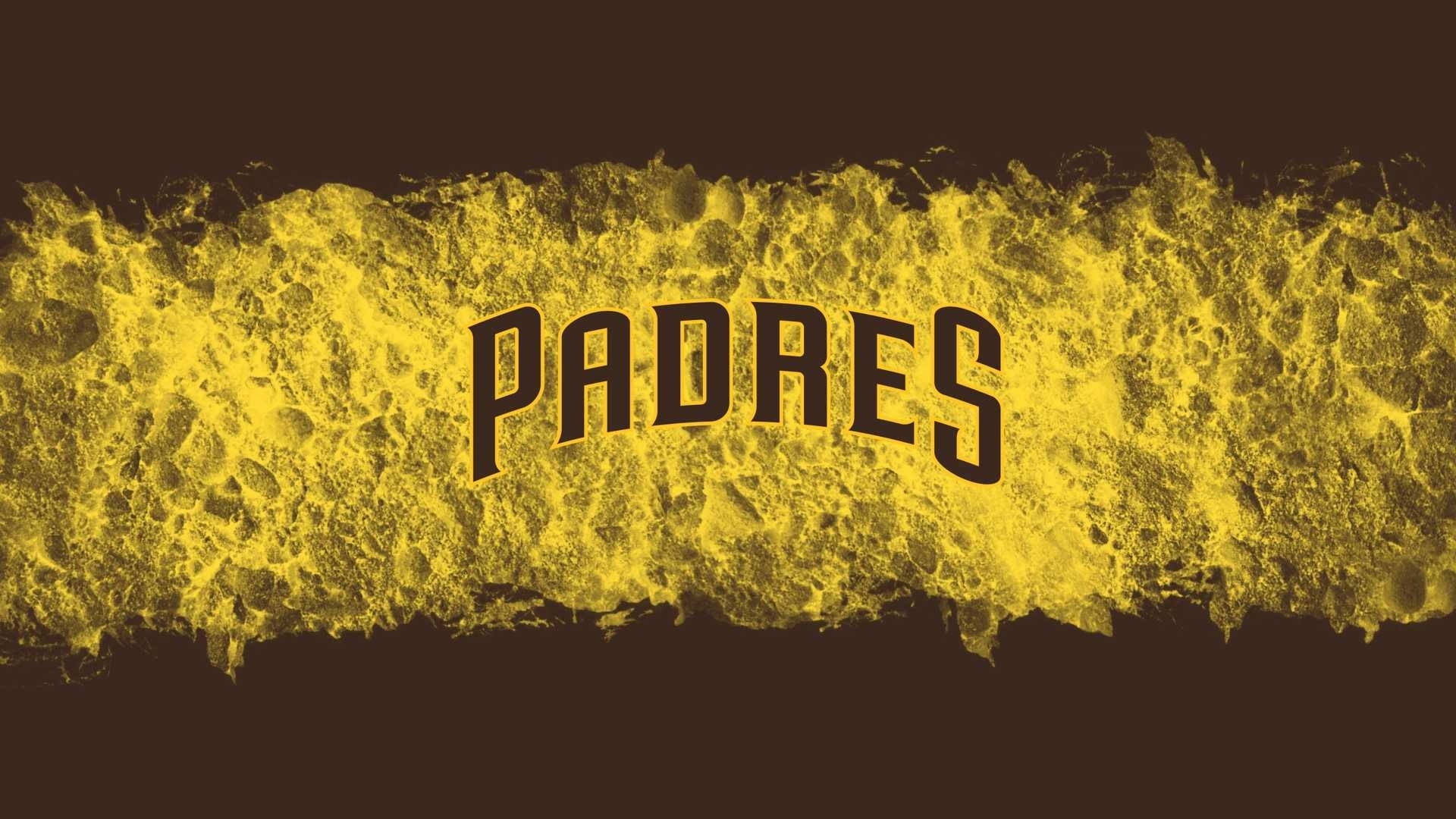 聖地亞哥教士隊紋理藝術 壁紙 — 大膽的黑色「PADRES」文字從深棕色背景上的紋理黃色潑濺中浮現。