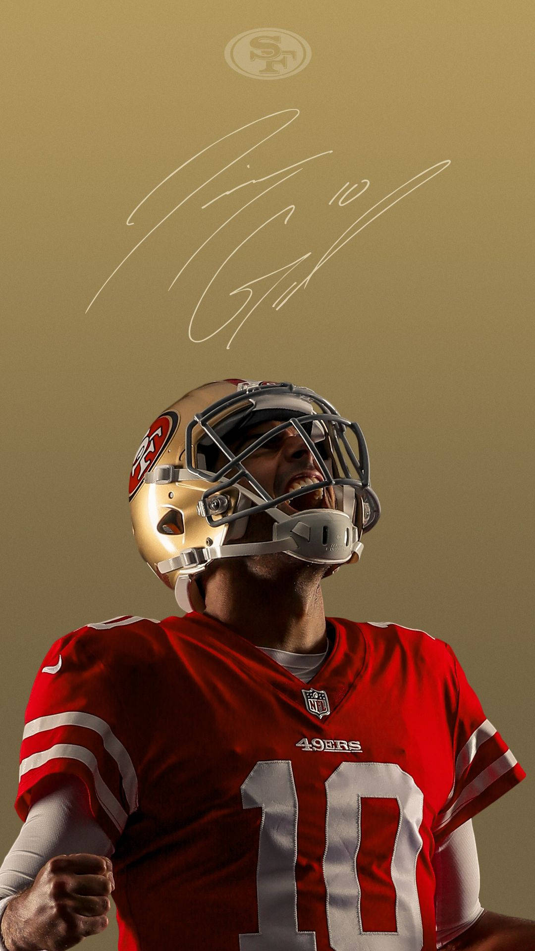 聖地牙哥49人隊球員Jimmy Garoppolo 壁紙 — 一位身穿紅色49號球衣的舊金山49人美式足球員，在金色背景上勝利咆哮，上方有他的簽名。