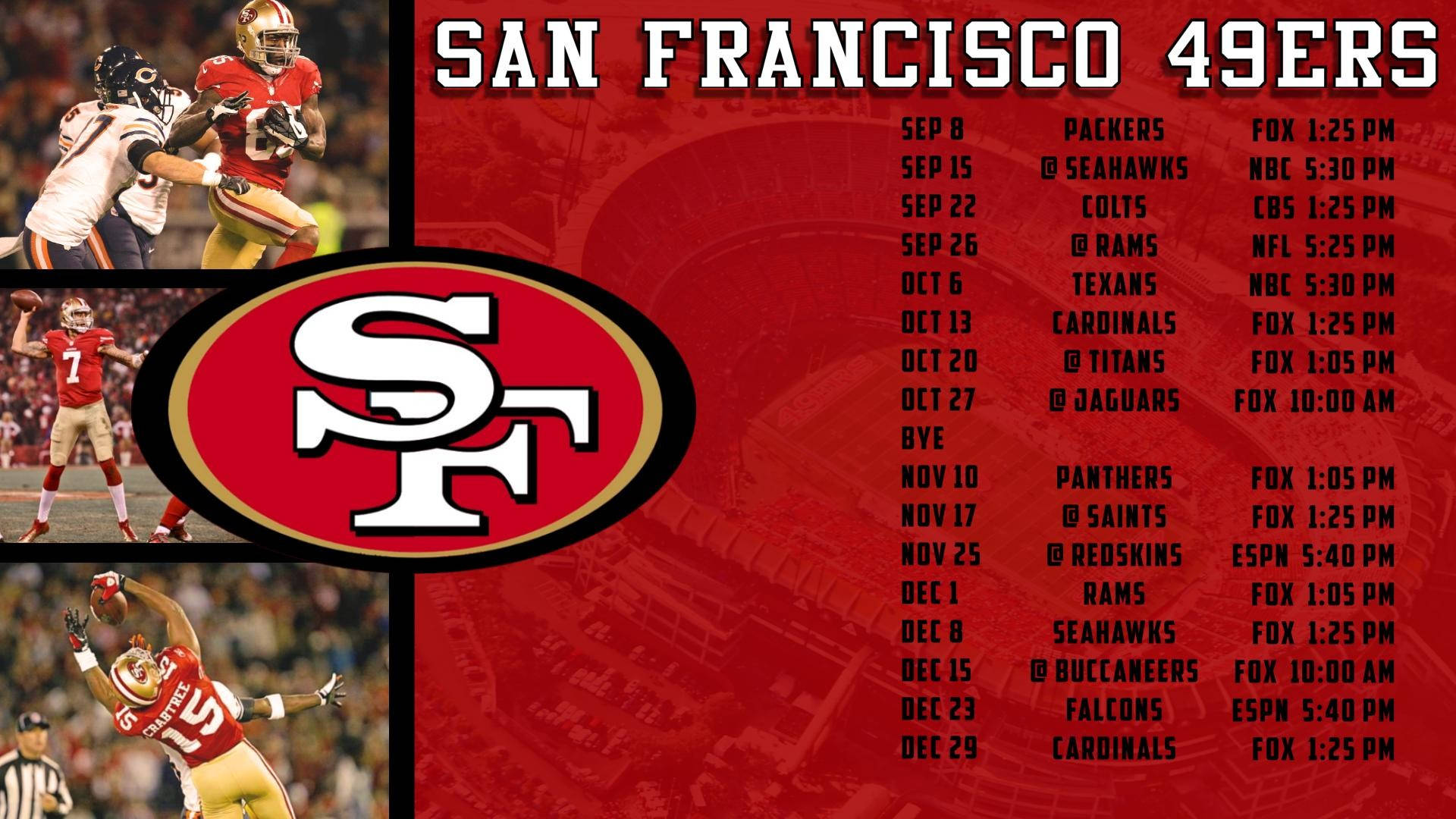 聖地牙哥49人隊的精彩表現 壁紙 — 三藩市49人隊壁紙，包含球隊標誌、球員照片及賽程，以鮮明紅色背景呈現。