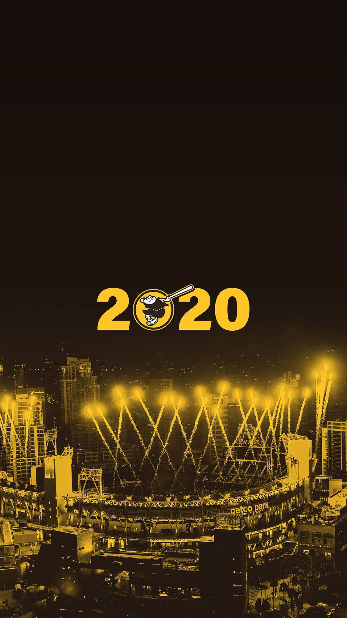 聖地牙哥教士隊2020年慶祝 壁紙 — 金色單色夜景城市景觀，夜晚有體育館被煙花照亮，並突出顯示2020年。