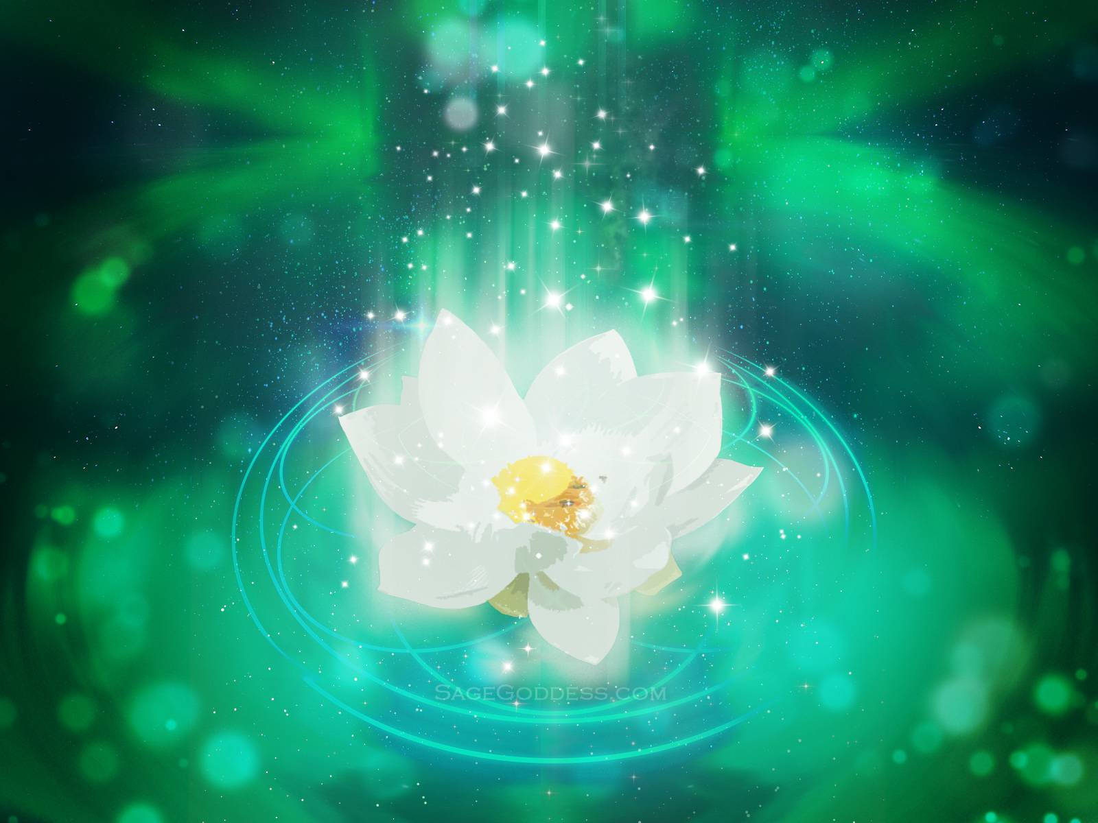 聖女綠色蓮花 壁紙 — 一朵燦爛的白蓮在發光的綠色宇宙漩渦中心盛開，周圍環繞著閃爍的星星和空靈的光束。