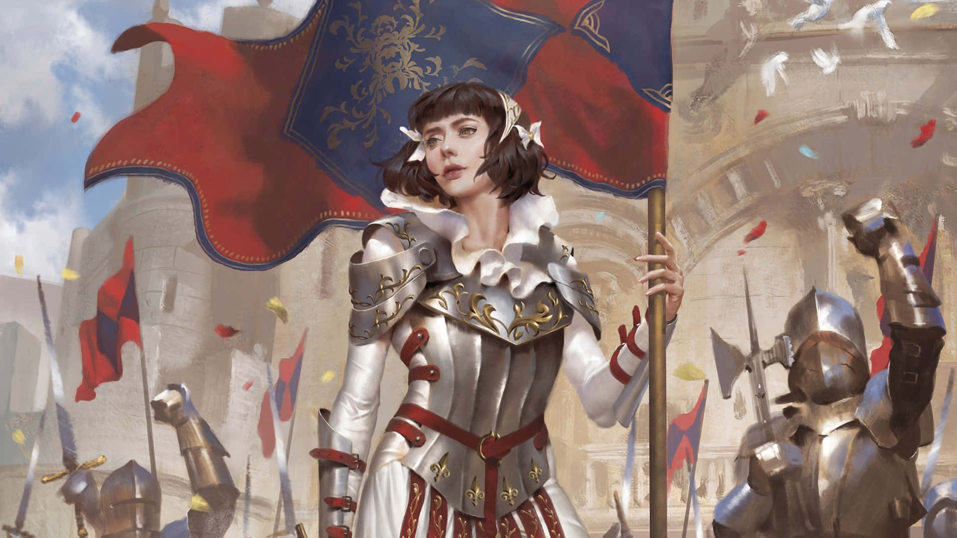 聖女貞德率軍衝鋒 壁紙 — 一位堅定的女騎士身穿華麗銀甲，手持紅藍旗幟，士兵們在石拱門下集結。